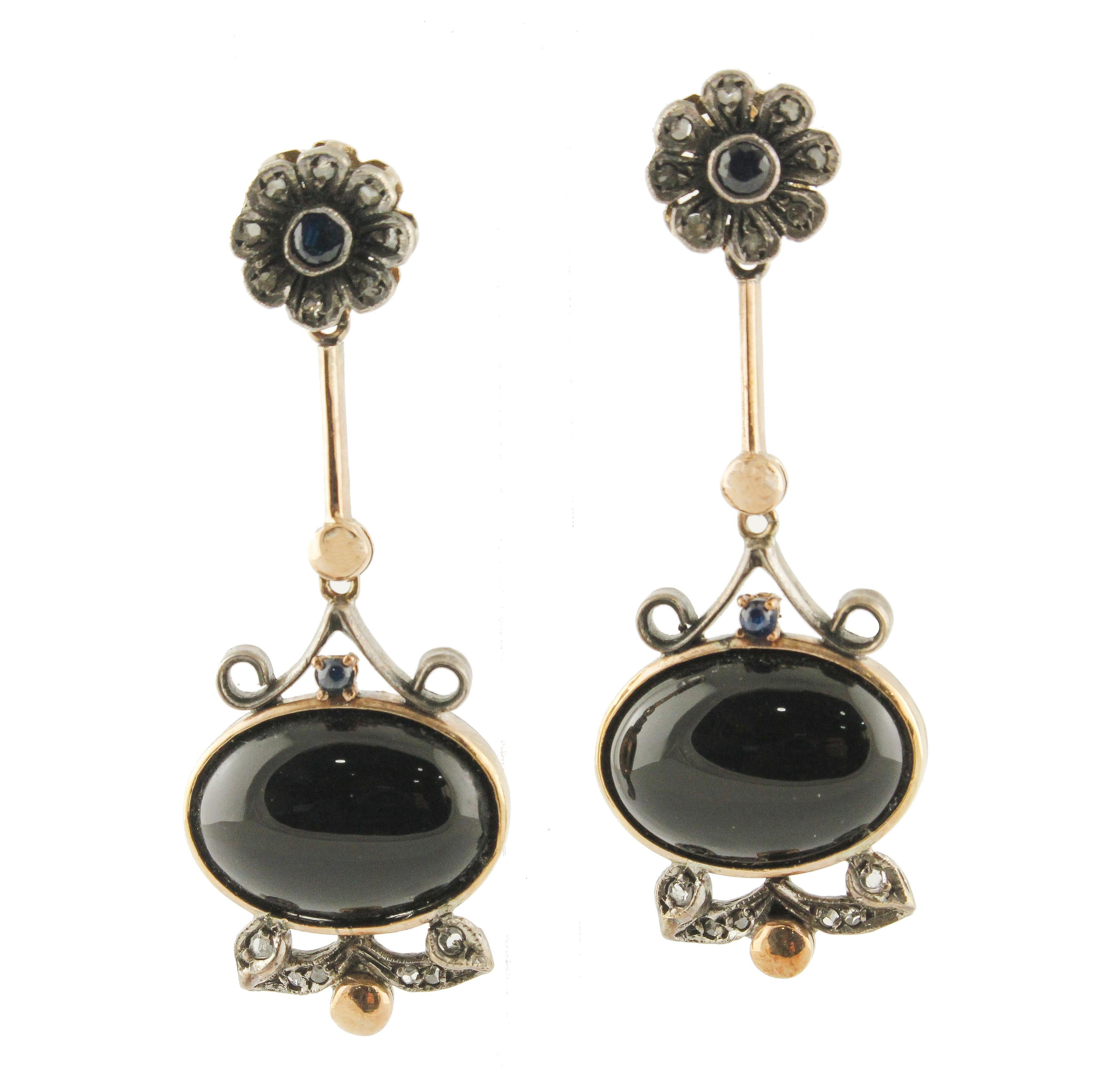 Diamonds Blue Sapphires Onyx Rose Gold and Silver Earrings