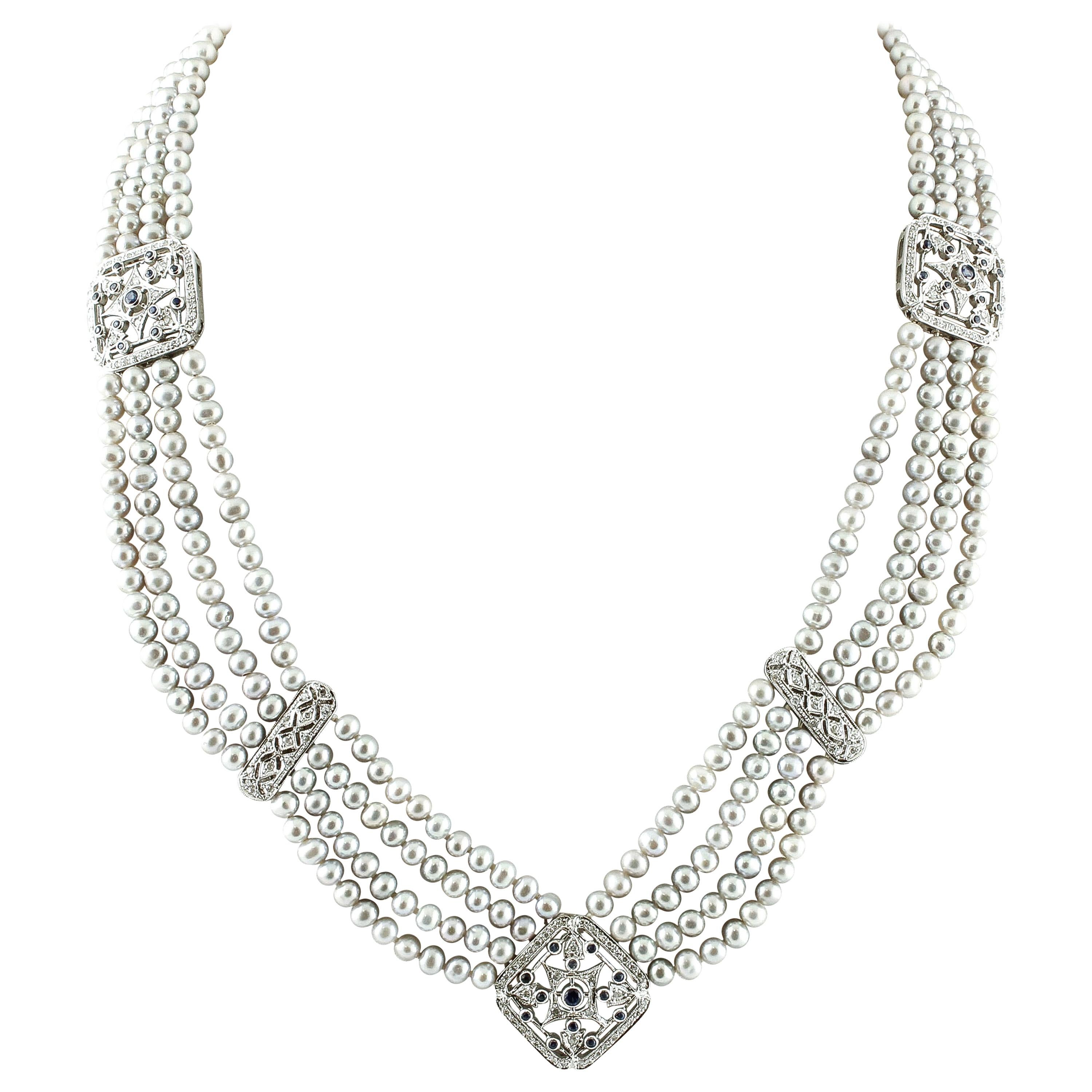 Diamants, saphirs bleus, perles, collier de perles en or blanc 14 carats