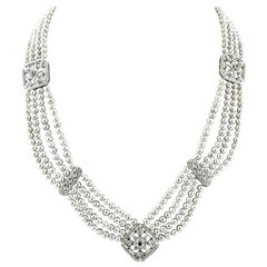 Diamonds, Blue Sapphires, Pearl, 14 Karat White Gold Beaded Necklace