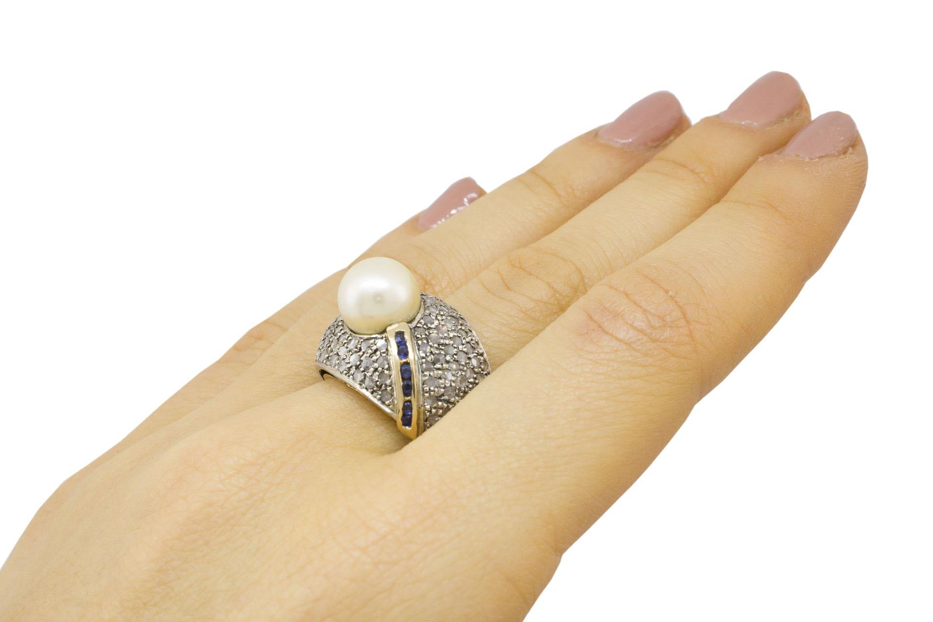 Diamonds Blue Sapphires Pearl Rose Gold and Silver Band Ring For Sale 3