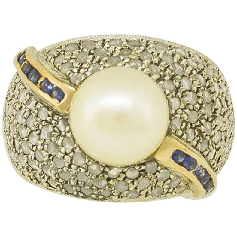Diamonds Blue Sapphires Pearl Rose Gold and Silver Band Ring For Sale