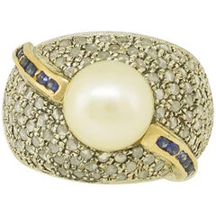 Retro Diamonds Blue Sapphires Pearl Rose Gold and Silver Band Ring