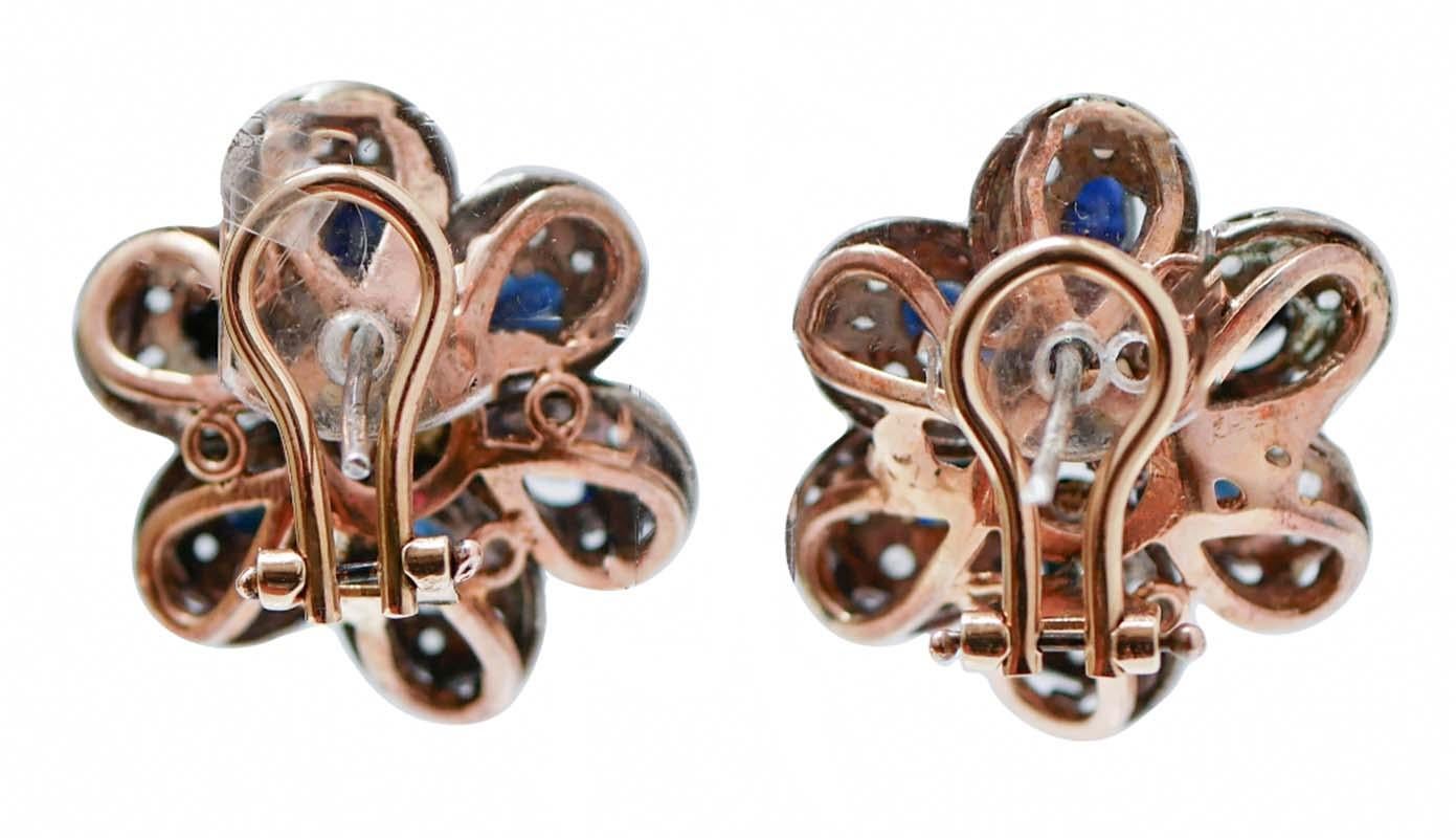 Mixed Cut Diamonds, Blue Sapphires, Pearls, 14 Karat Rose Gold and Silver Retro Earrings For Sale