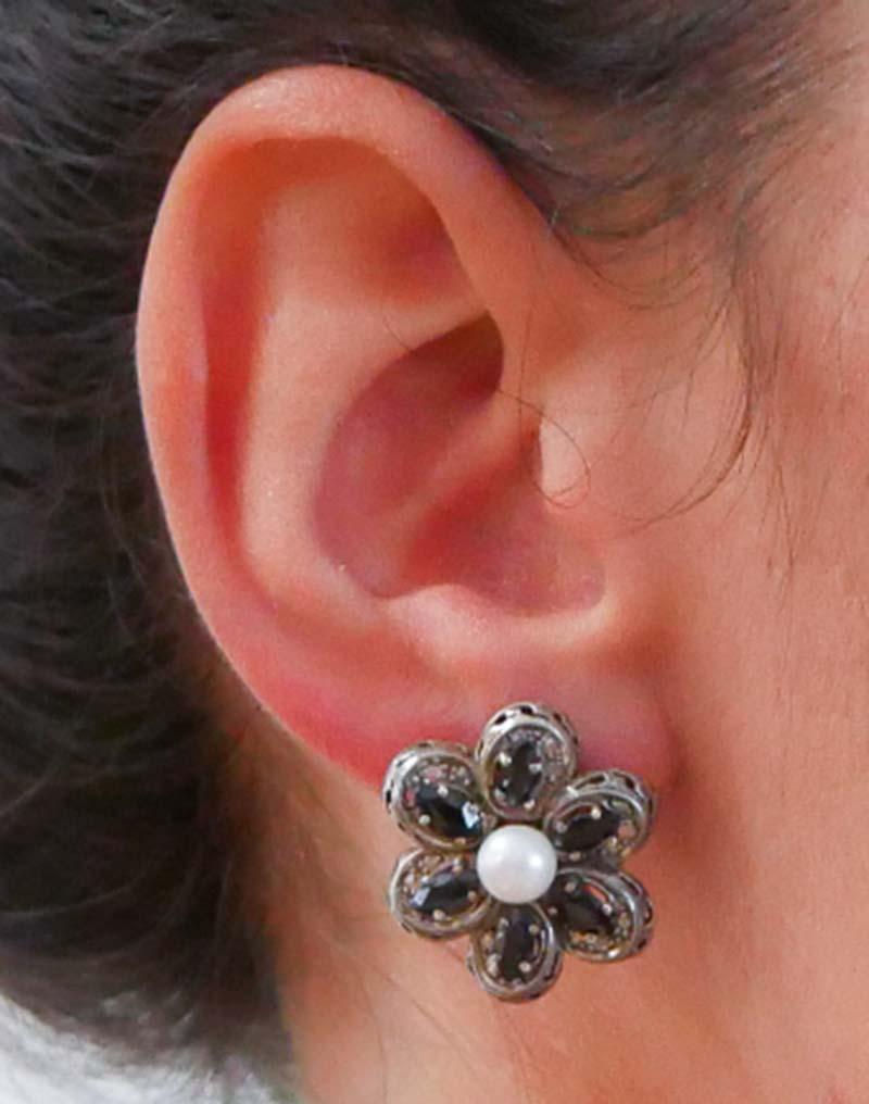 Women's Diamonds, Blue Sapphires, Pearls, 14 Karat Rose Gold and Silver Retro Earrings For Sale