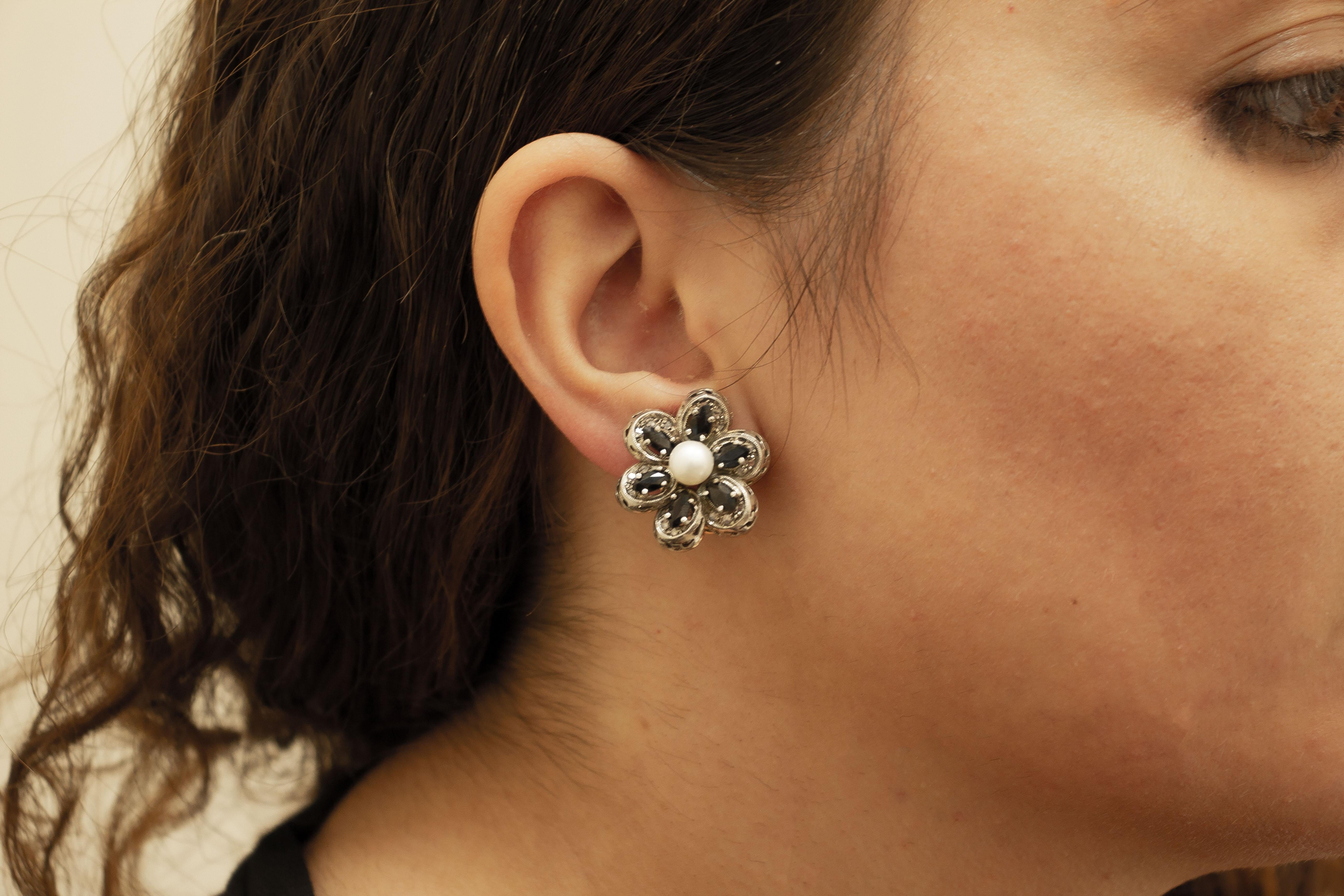 Retro-Ohrringe aus 14 Karat Roségold und Silber mit Diamanten, blauen Saphiren, Perlen Damen im Angebot