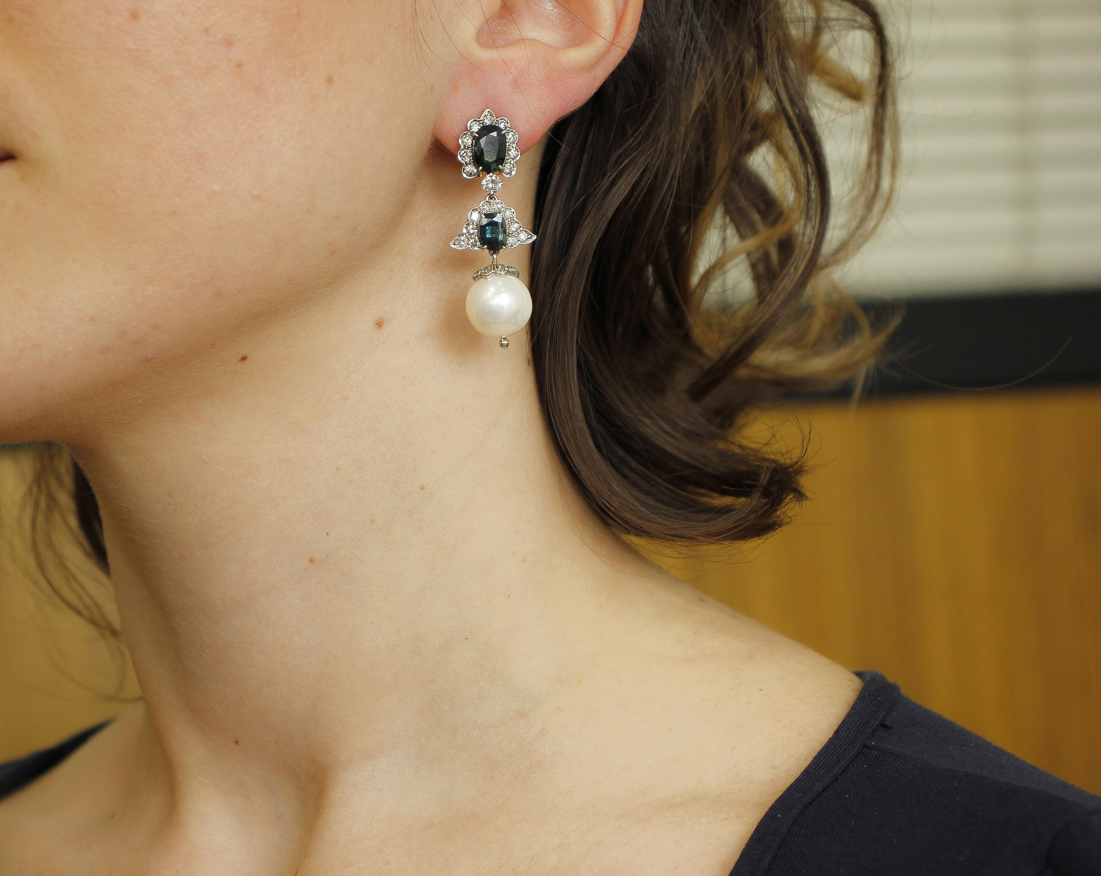 Women's Diamonds, Blue Sapphires, Pearls, 14 Karat White Gold and Silver Dangle Earrings For Sale