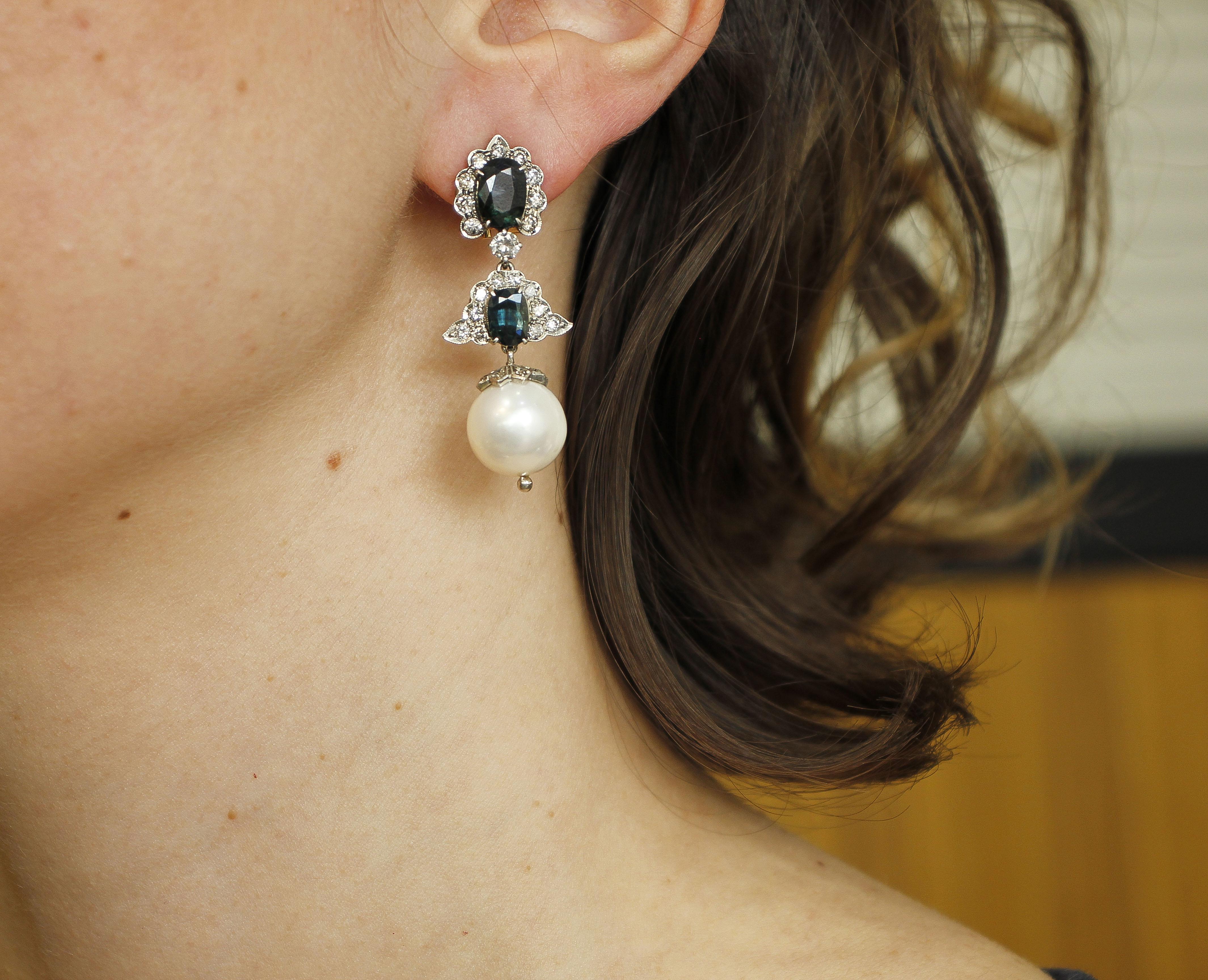 Diamonds, Blue Sapphires, Pearls, 14 Karat White Gold and Silver Dangle Earrings For Sale 1