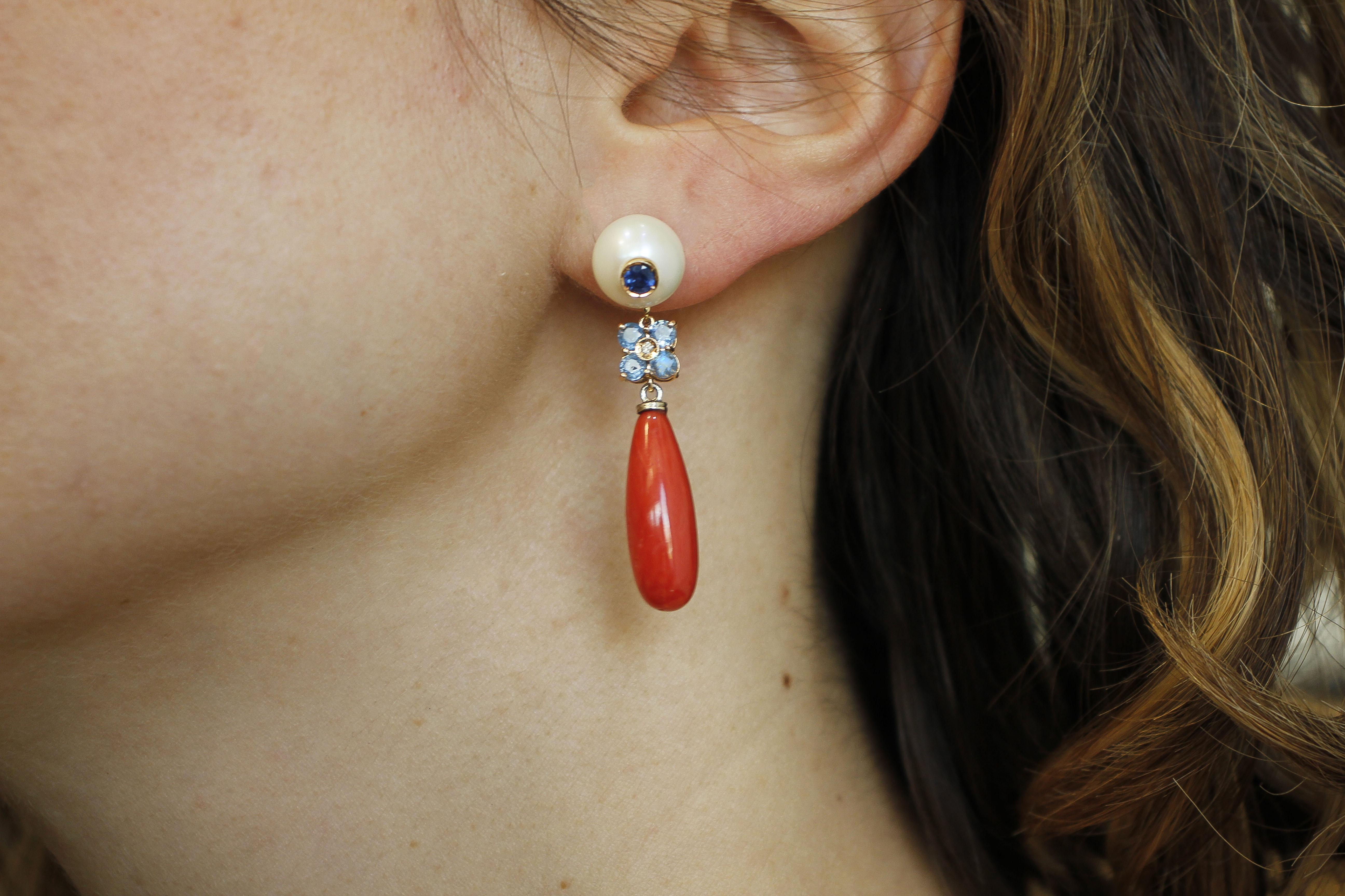 Diamonds, Blue Sapphires, Pearls, Red Coral Drops, 14K Rose Gold Dangle Earrings In Excellent Condition In Marcianise, Marcianise (CE)