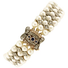 Diamonds, Blue Sapphires, Pearls, Rose Gold Silver Closure Beaded Retrò Bracelet