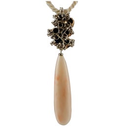 Diamonds, Blue Sapphires, Pink Coral, 14 Karat White and Rose Gold Drop Pendant