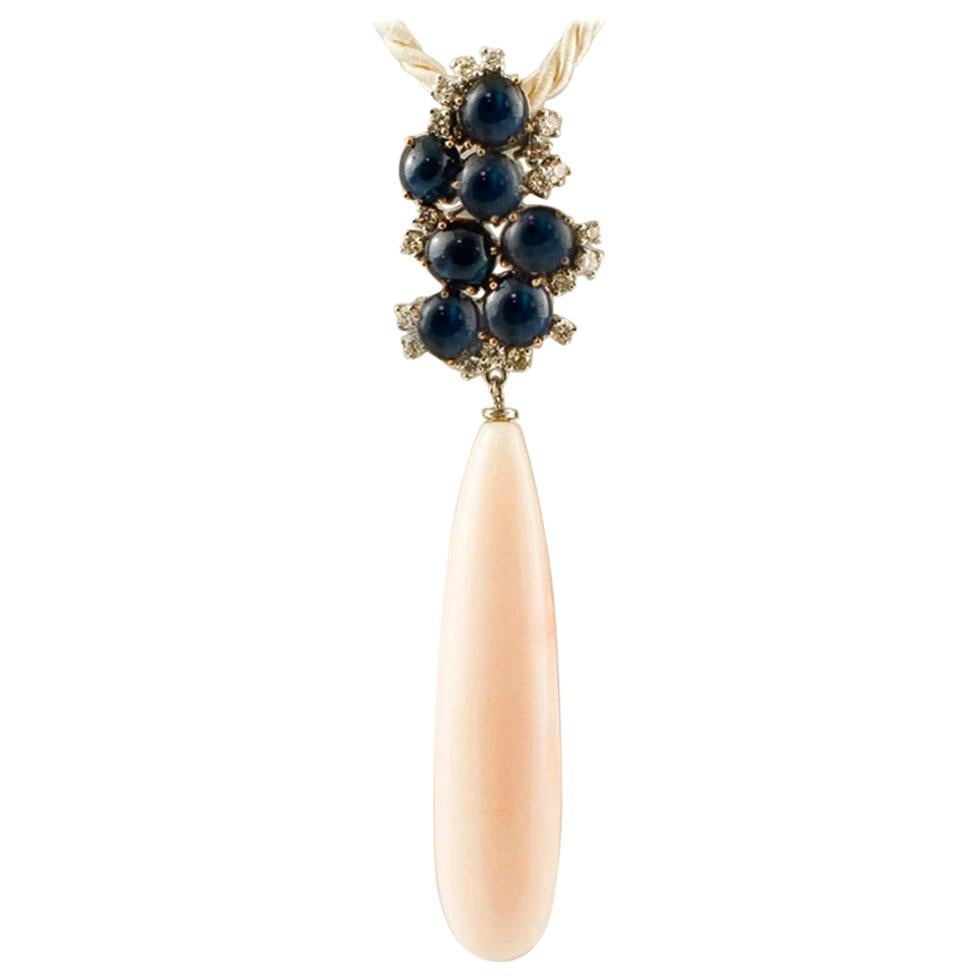 Diamonds, Blue Sapphires, Pink Coral, 14 Karat White and Rose Gold Drop Pendant For Sale