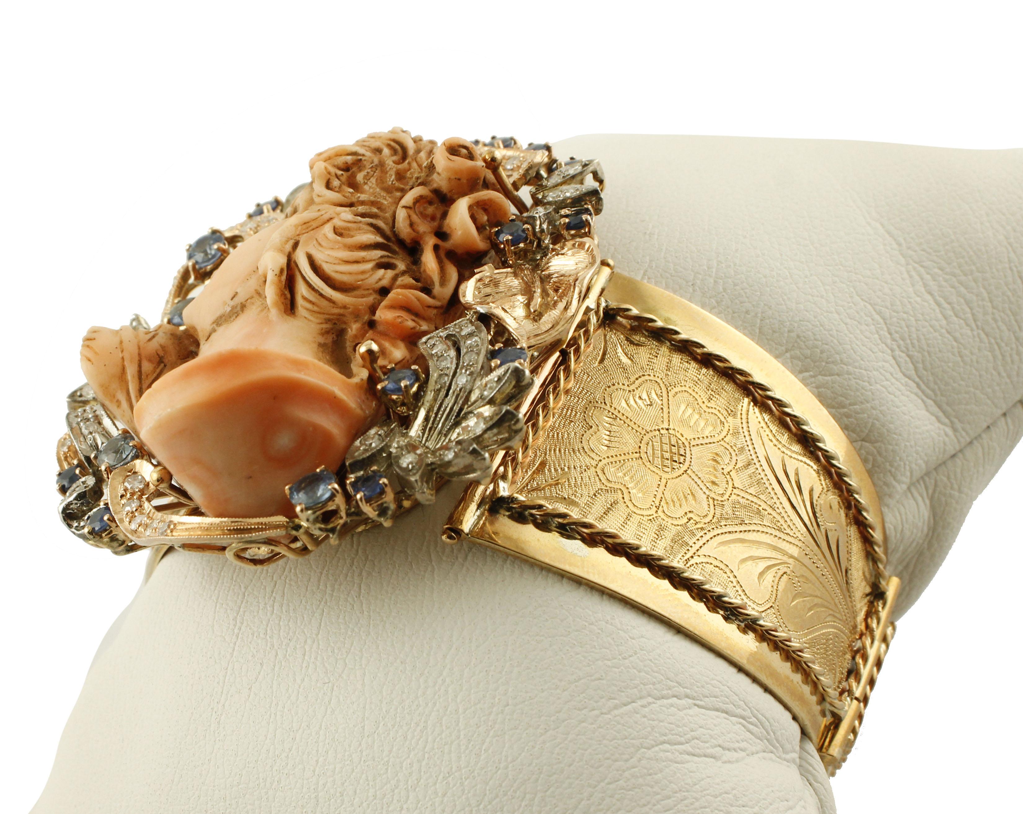 Rétro Diamanti, zaffiri, corallo rosa, oro rosa, argento, bracciale Retrò in vendita