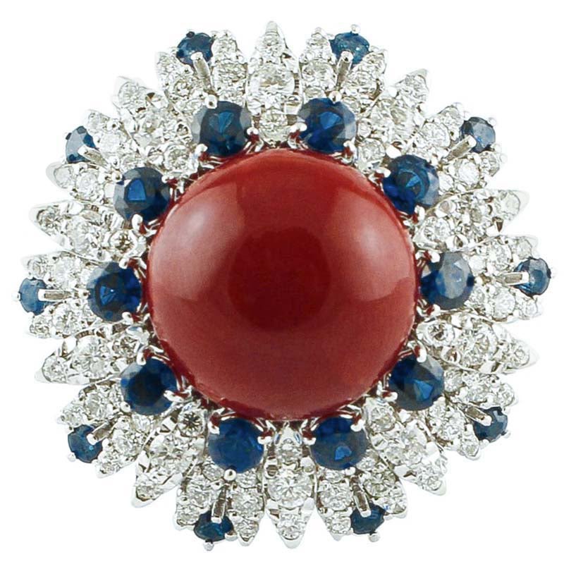 Diamonds, Blue Sapphires, Red Coral, 14 Karat White Gold Ring For Sale