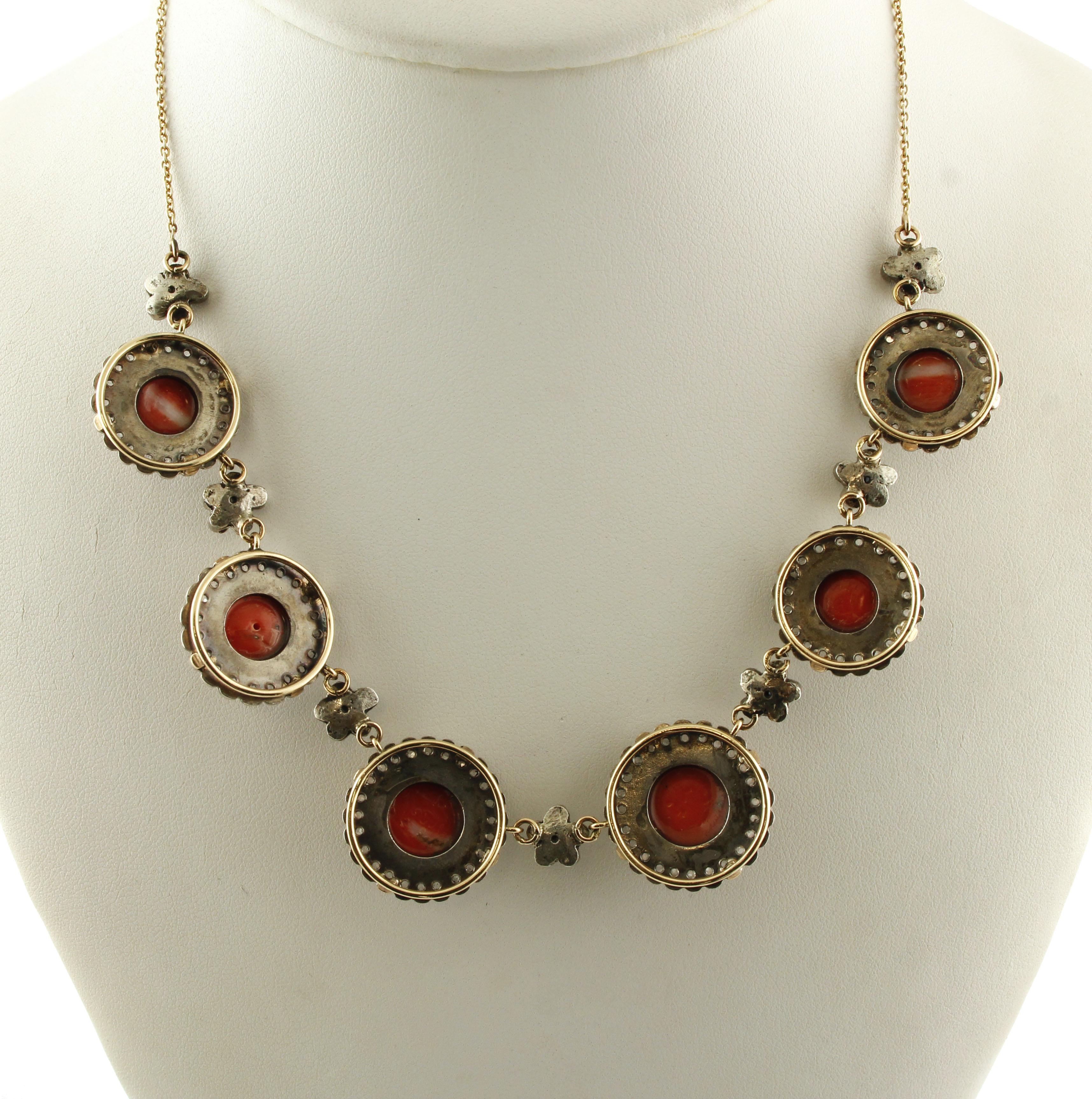 Retro Diamonds, Blue Sapphires, Red Coral Buttons Rose Gold and Silver Link Necklace