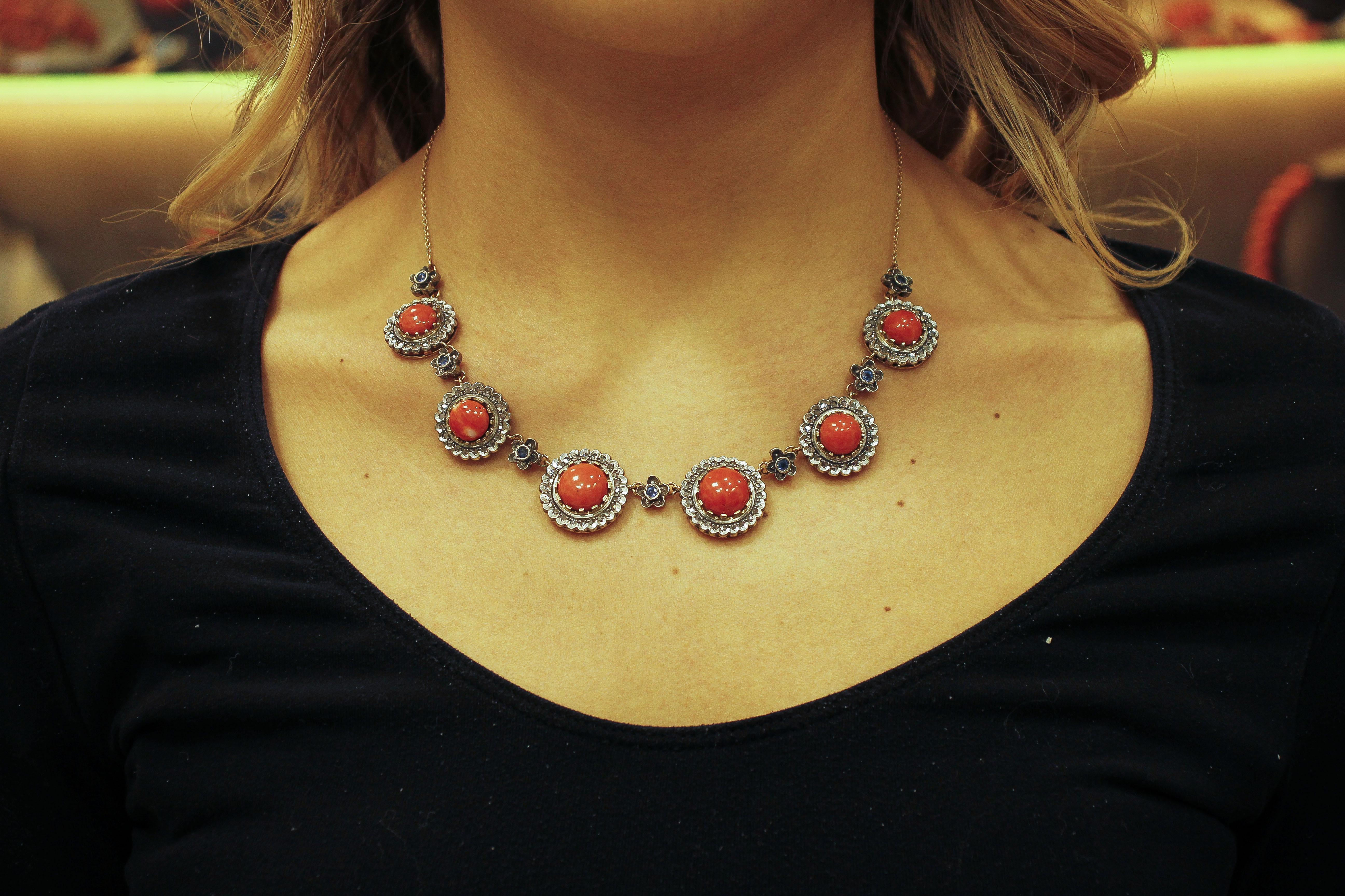 Diamonds, Blue Sapphires, Red Coral Buttons Rose Gold and Silver Link Necklace 2