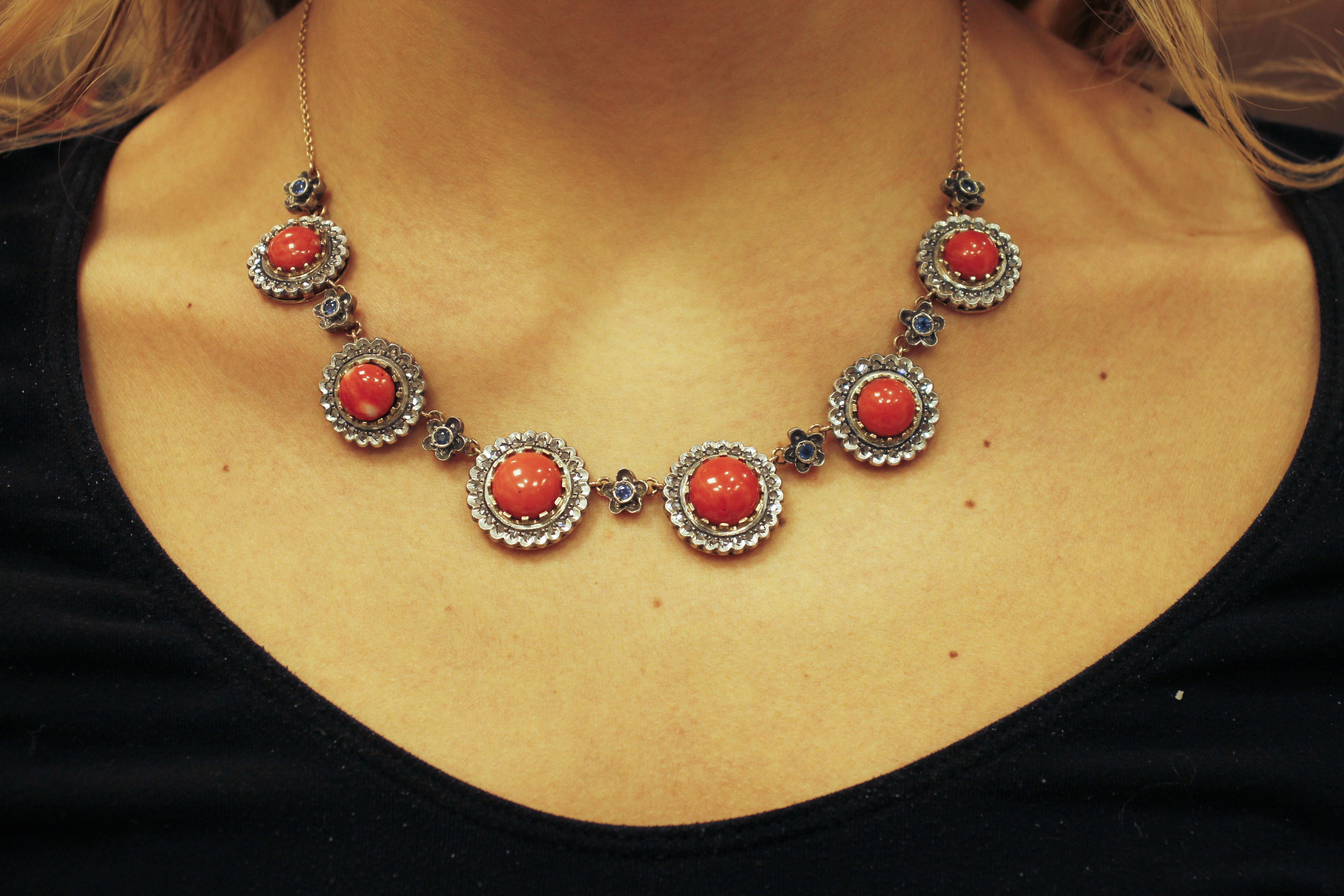 Diamonds, Blue Sapphires, Red Coral Buttons Rose Gold and Silver Link Necklace 3