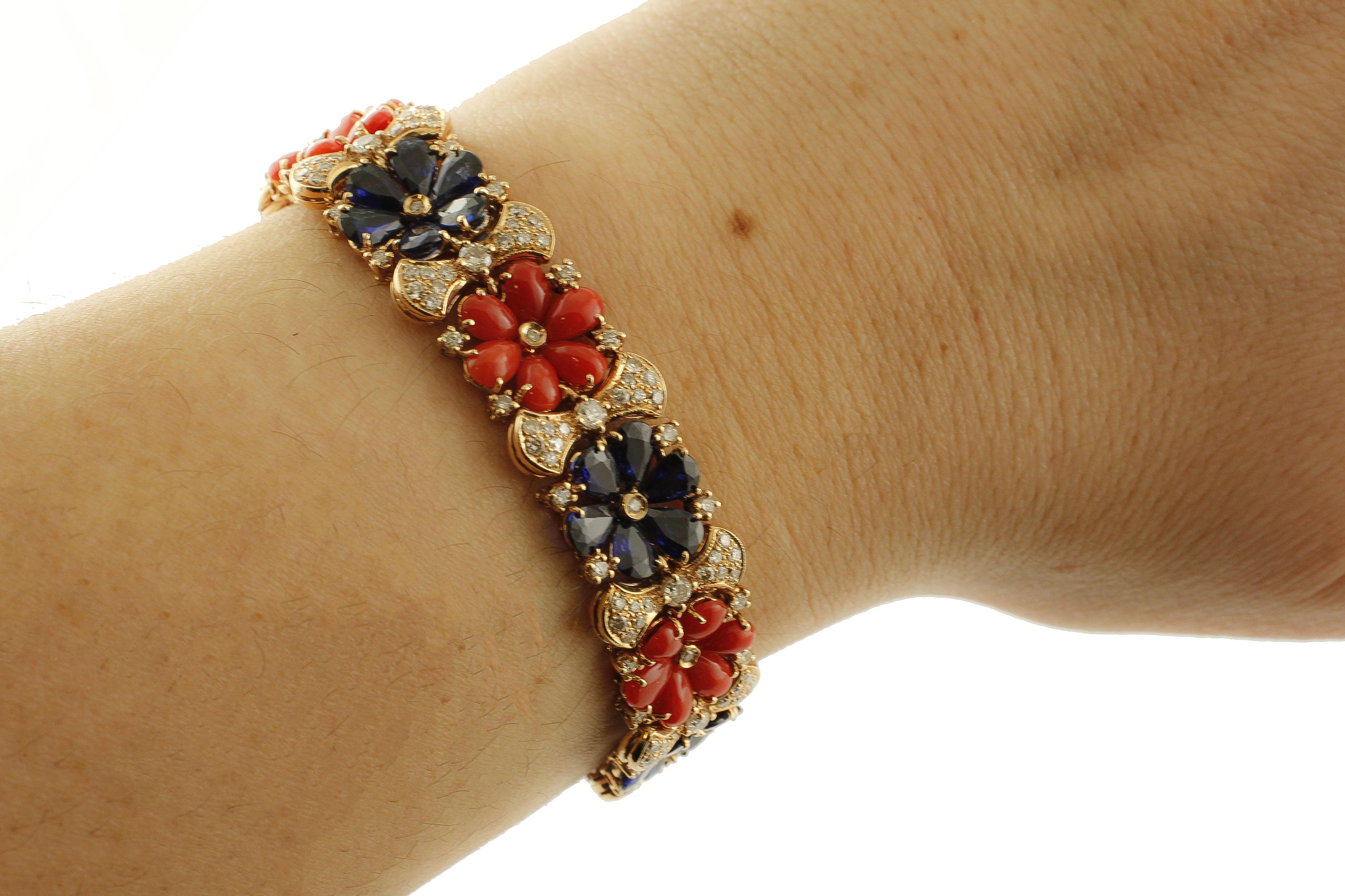 Diamonds, Blue Sapphires, Red Corals Rose Gold Link Retrò Bracelet For Sale 1