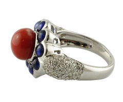 Diamonds Blue Sapphires Red Coral White Gold Flower Shape Fashion Ring