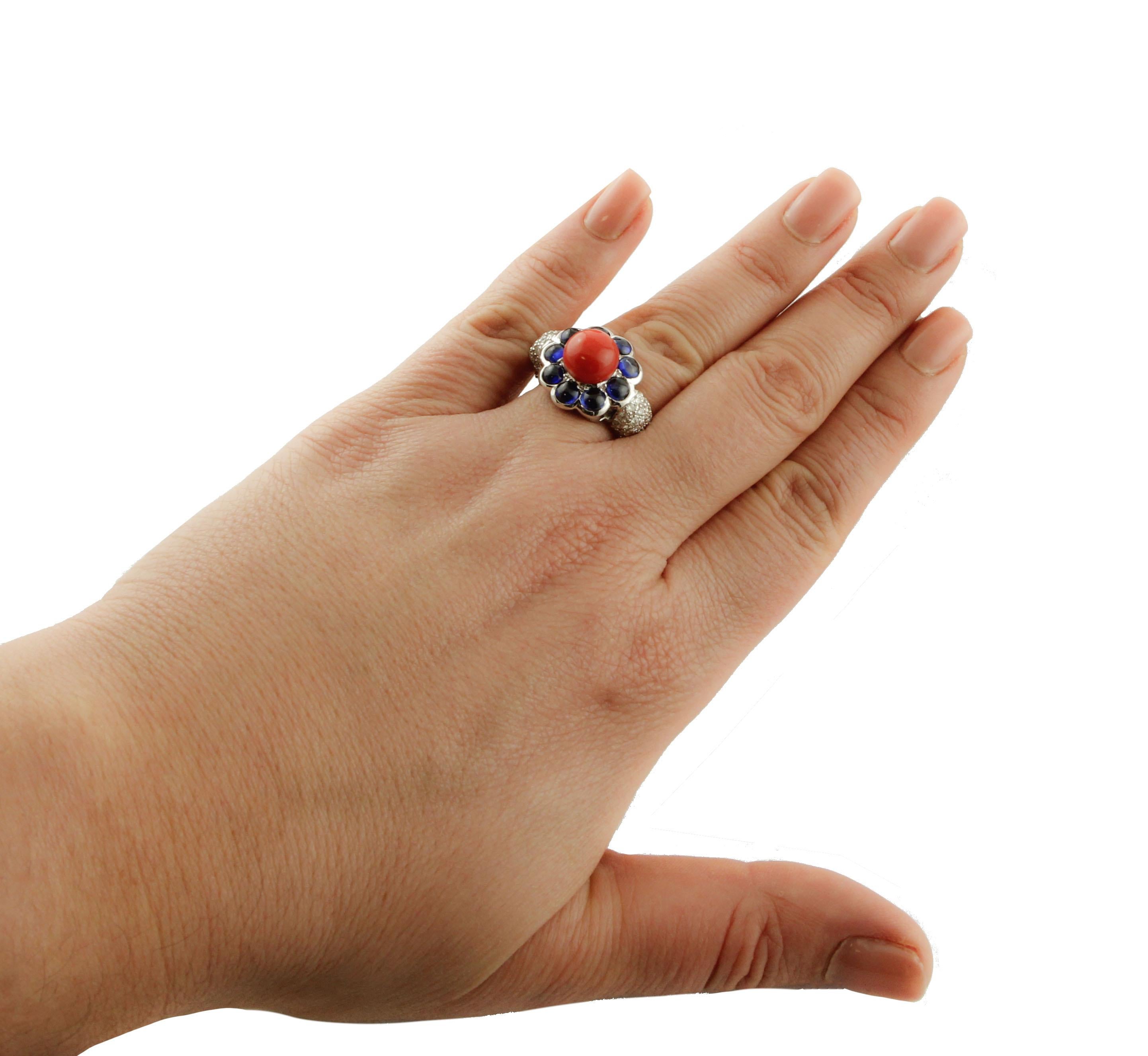 Retro Diamonds Blue Sapphires Red Coral White Gold Flower Shape Fashion Ring For Sale