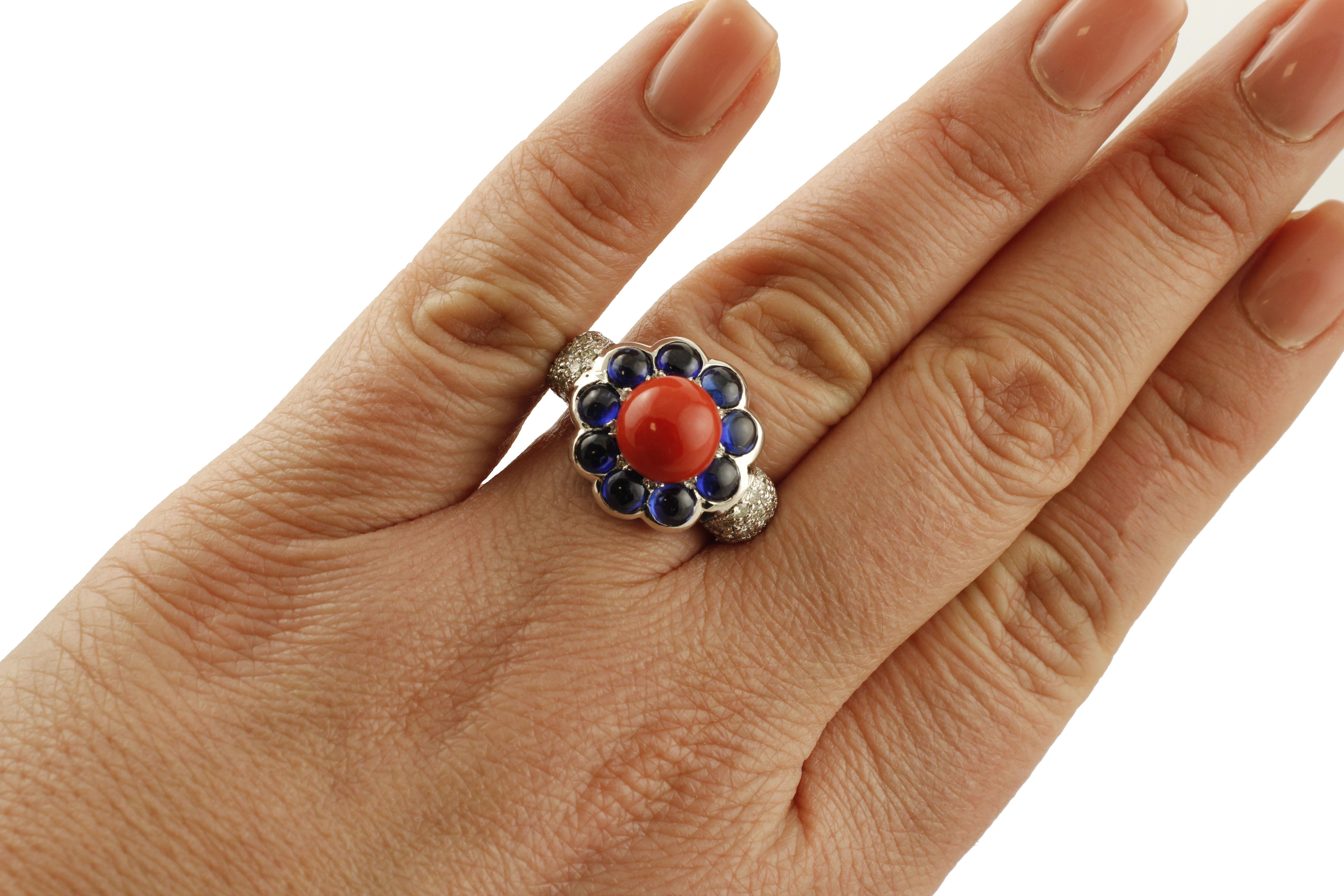 Mixed Cut Diamonds Blue Sapphires Red Coral White Gold Flower Shape Fashion Ring For Sale