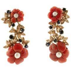 Vintage Diamonds, Blue Sapphires, Red Coral Flowers, Pearls, 14 Karat Gold PendantEarrings