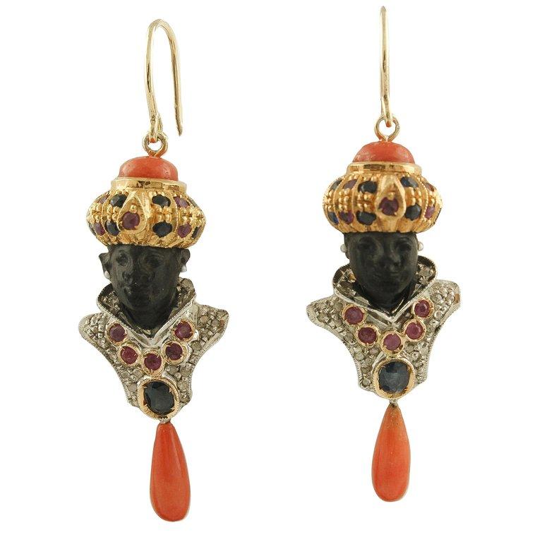 Diamonds Blue Sapphires Rubies Coral Bottoms and Drops Ebony Moretto Earrings