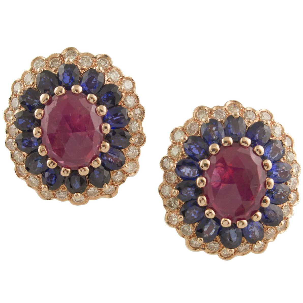  Diamonds Blue Sapphires Rubies Gold Earrings For Sale