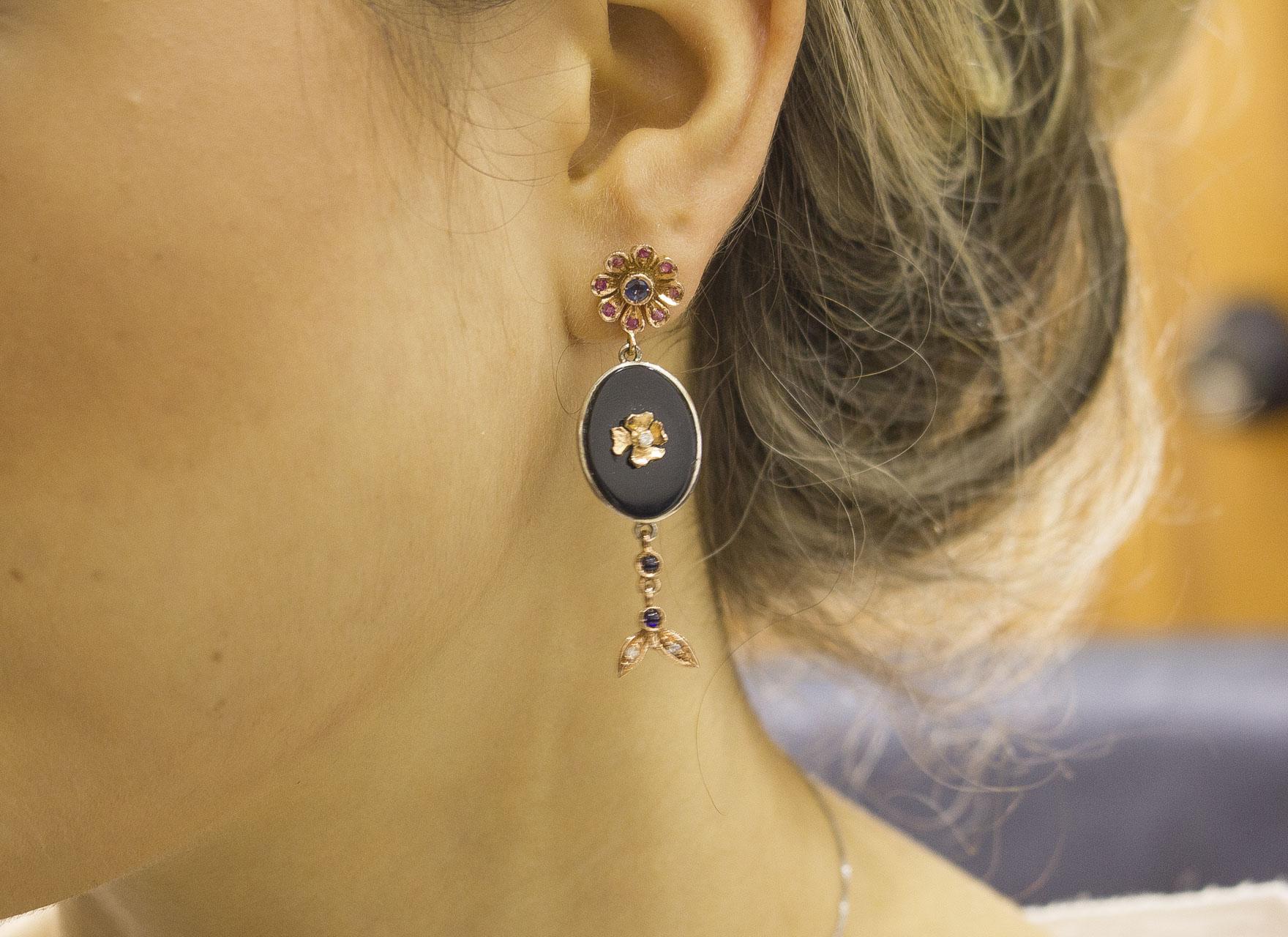 Diamonds Blue Sapphires Rubies Onyx Silver and Rose Gold Earrings In Good Condition In Marcianise, Marcianise (CE)
