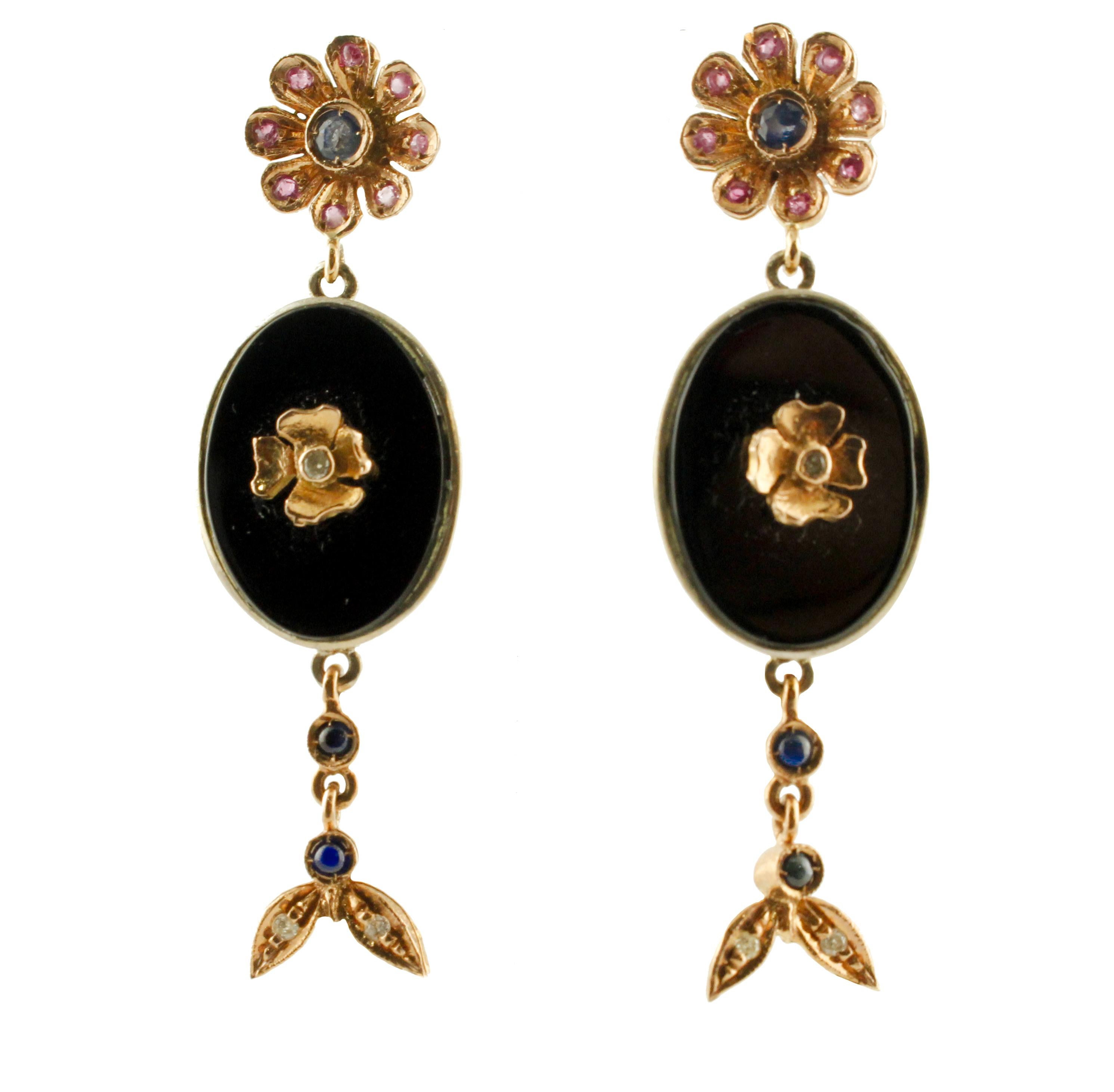 Diamonds Blue Sapphires Rubies Onyx Silver and Rose Gold Earrings