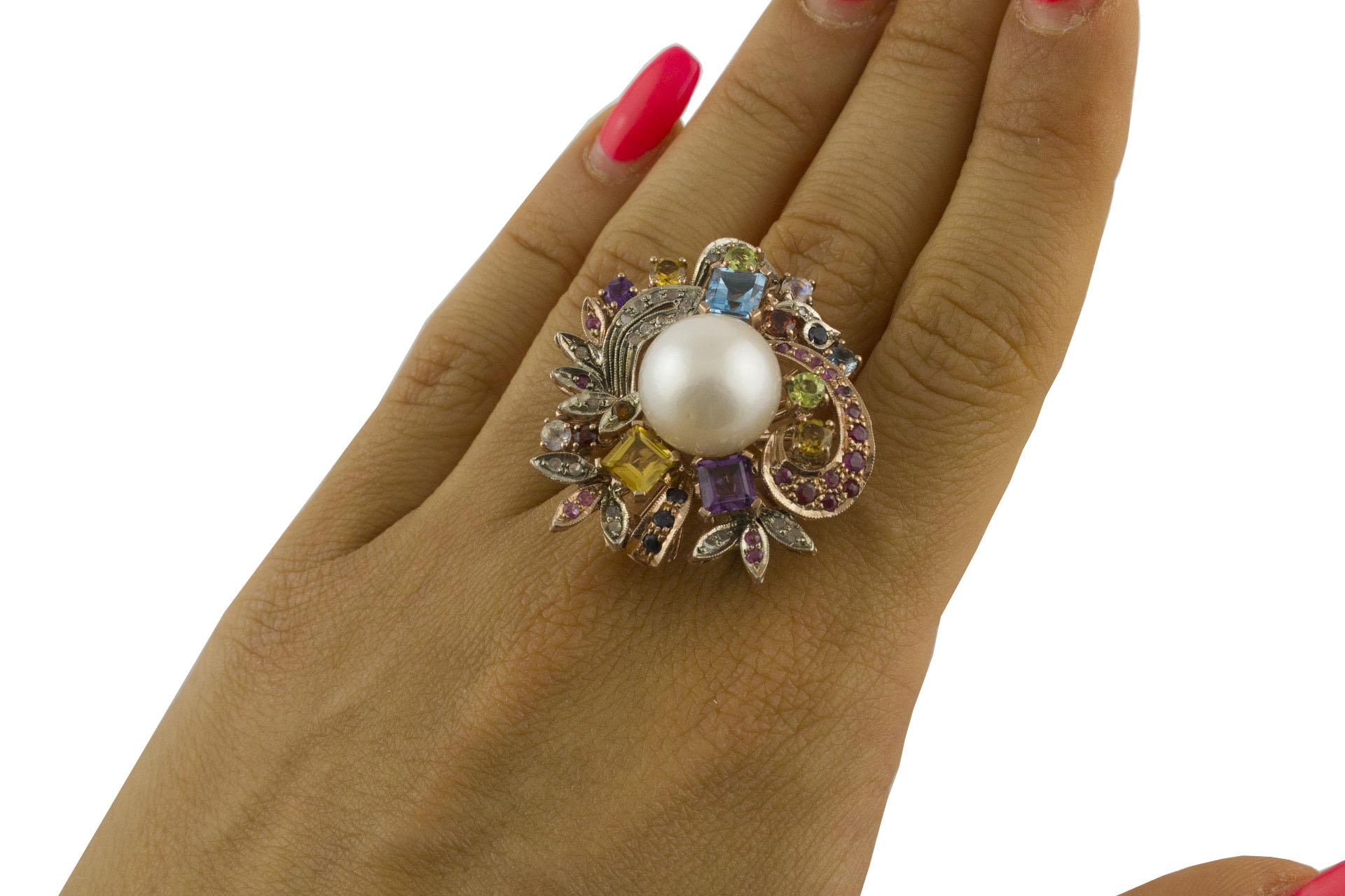 Retro Diamonds Blue Sapphires, Ruby Topaz Amethyst Peridots Australian Pearl Ring For Sale