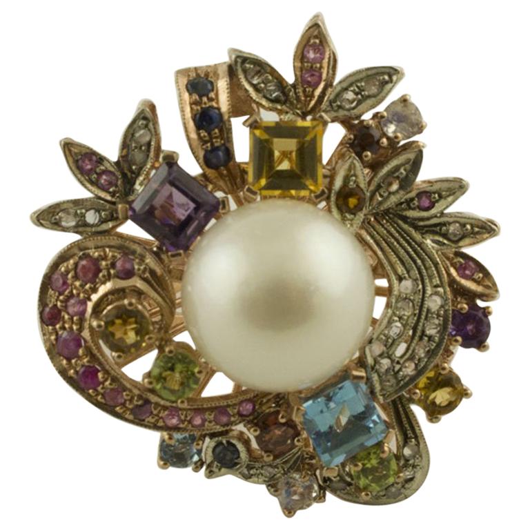 Diamonds Blue Sapphires, Ruby Topaz Amethyst Peridots Australian Pearl Ring For Sale