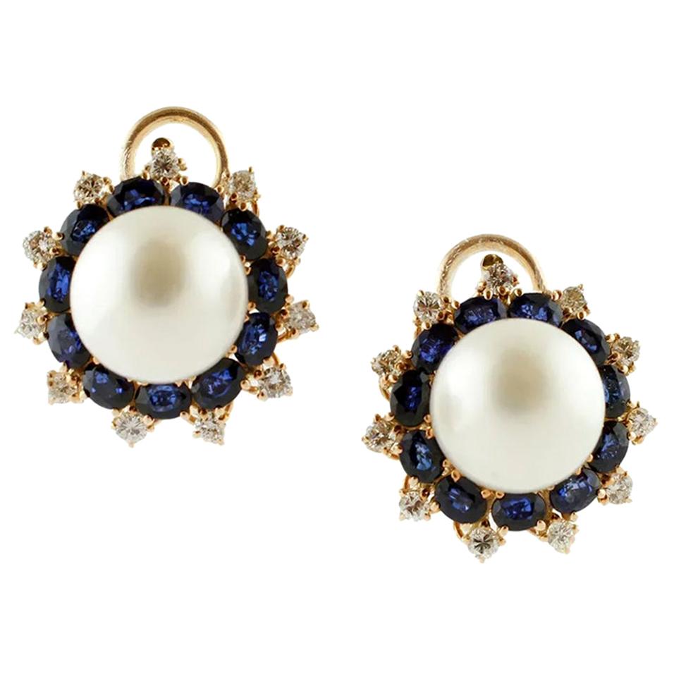 Diamonds, Blue Sapphires, South Sea Pearls, 18 Karat Gold Clipon/Drop