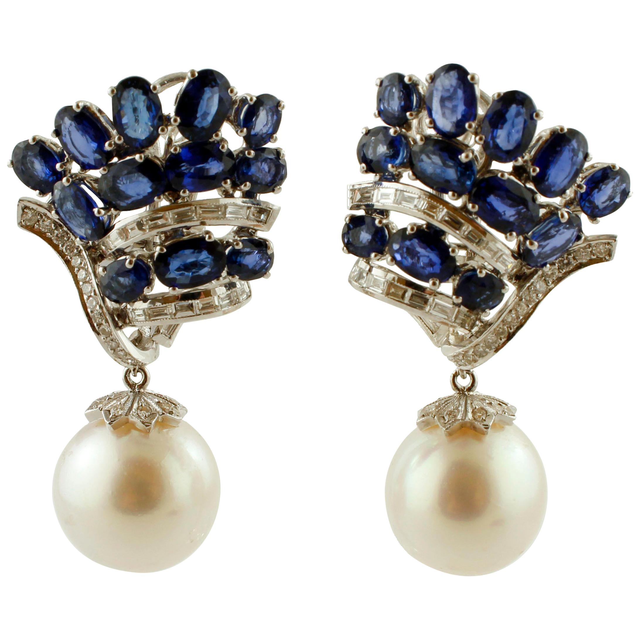 Diamonds, Blue Sapphires, South Sea Pearls, 18 Karat Gold Clip-on/Drop Earrings