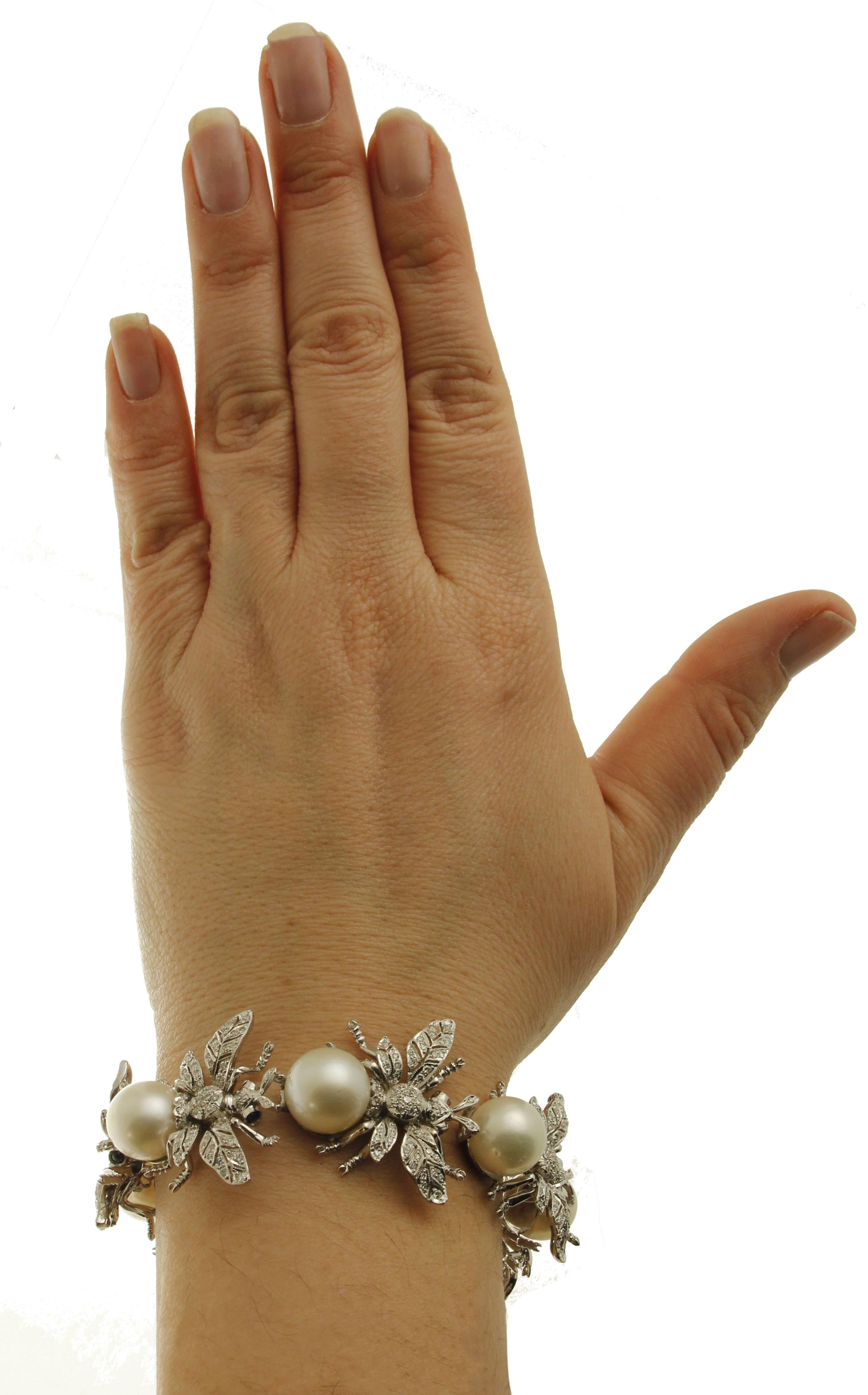 Women's Diamonds, Blue Sapphires, South Sea Pearls, White Gold Fly-Designed Bracelet