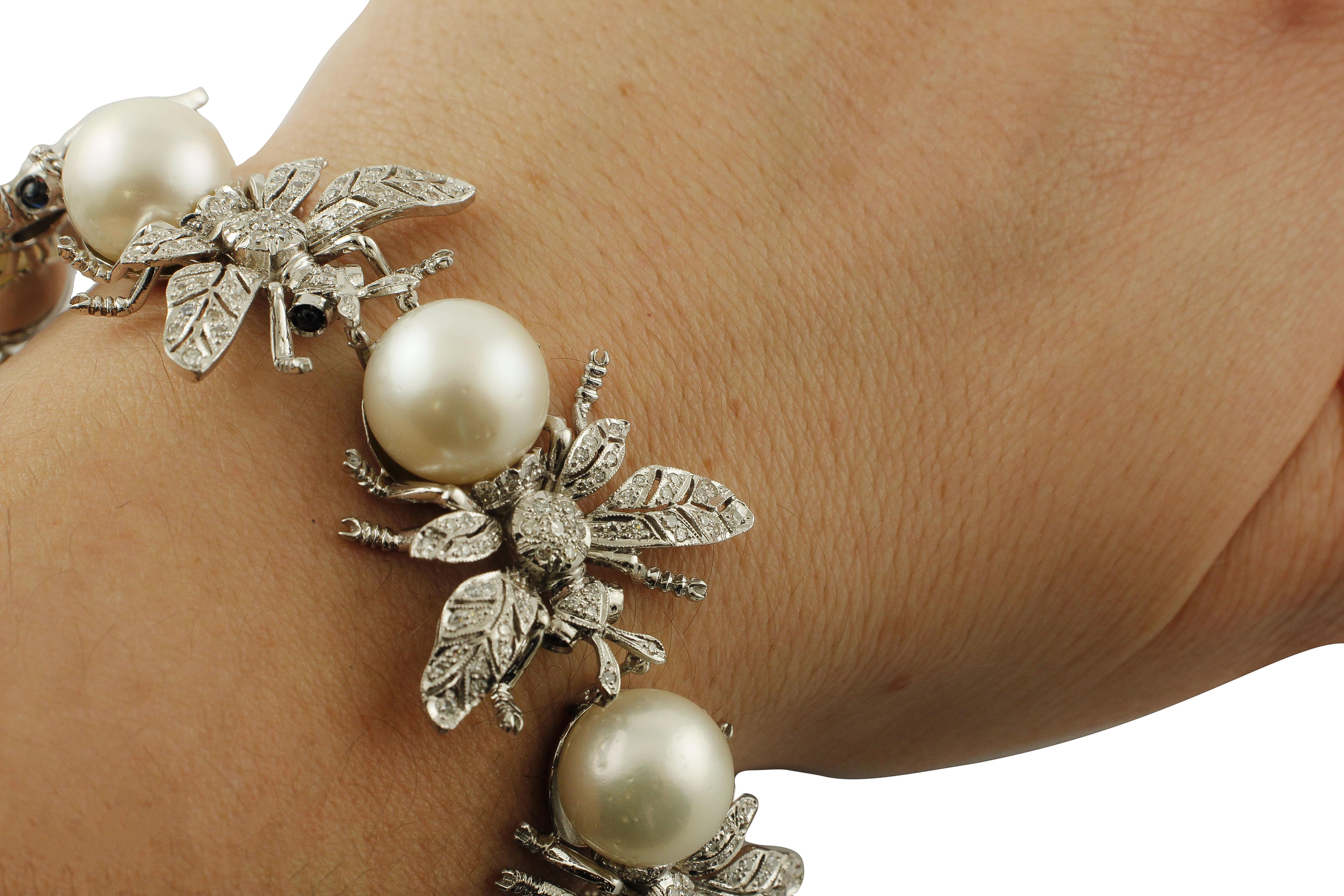 Diamonds, Blue Sapphires, South Sea Pearls, White Gold Fly-Designed Bracelet 2