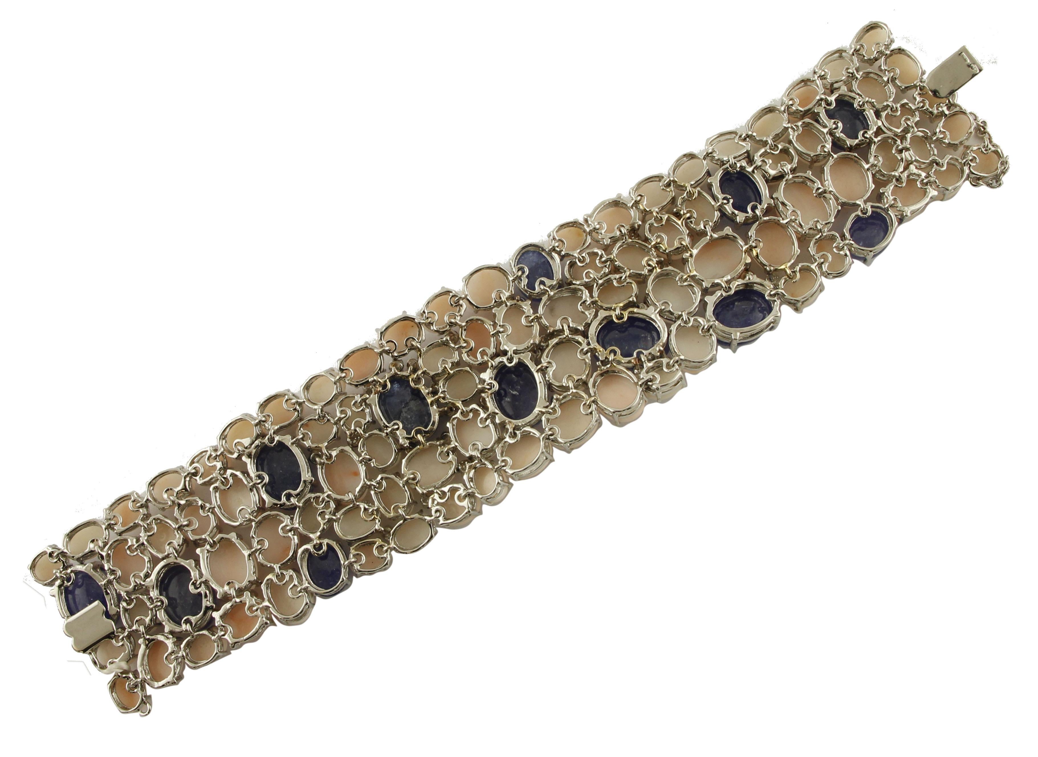 Brilliant Cut Diamonds, Blue Sapphires, Tanzanite, Pink Corals White Gold Band Bracelet For Sale