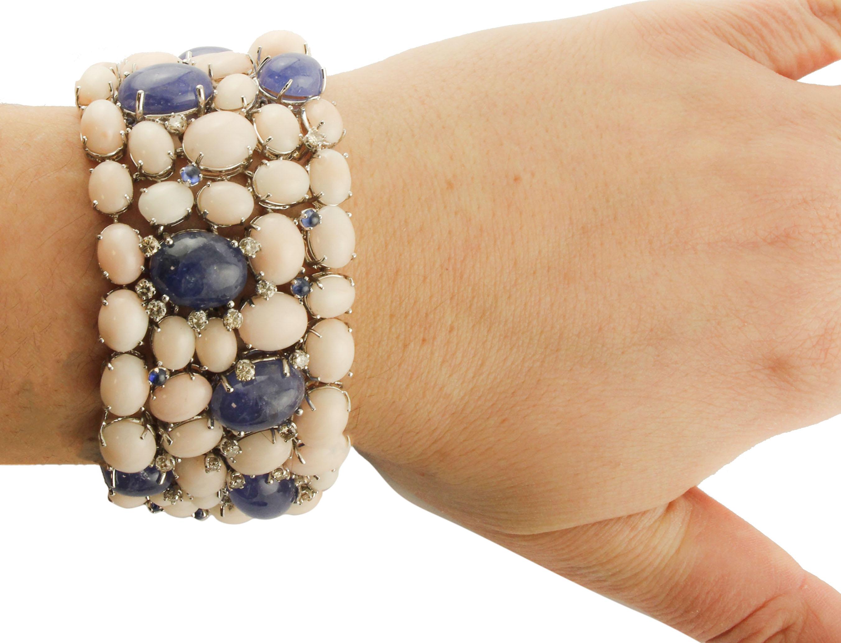 Diamonds, Blue Sapphires, Tanzanite, Pink Corals White Gold Band Bracelet For Sale 1