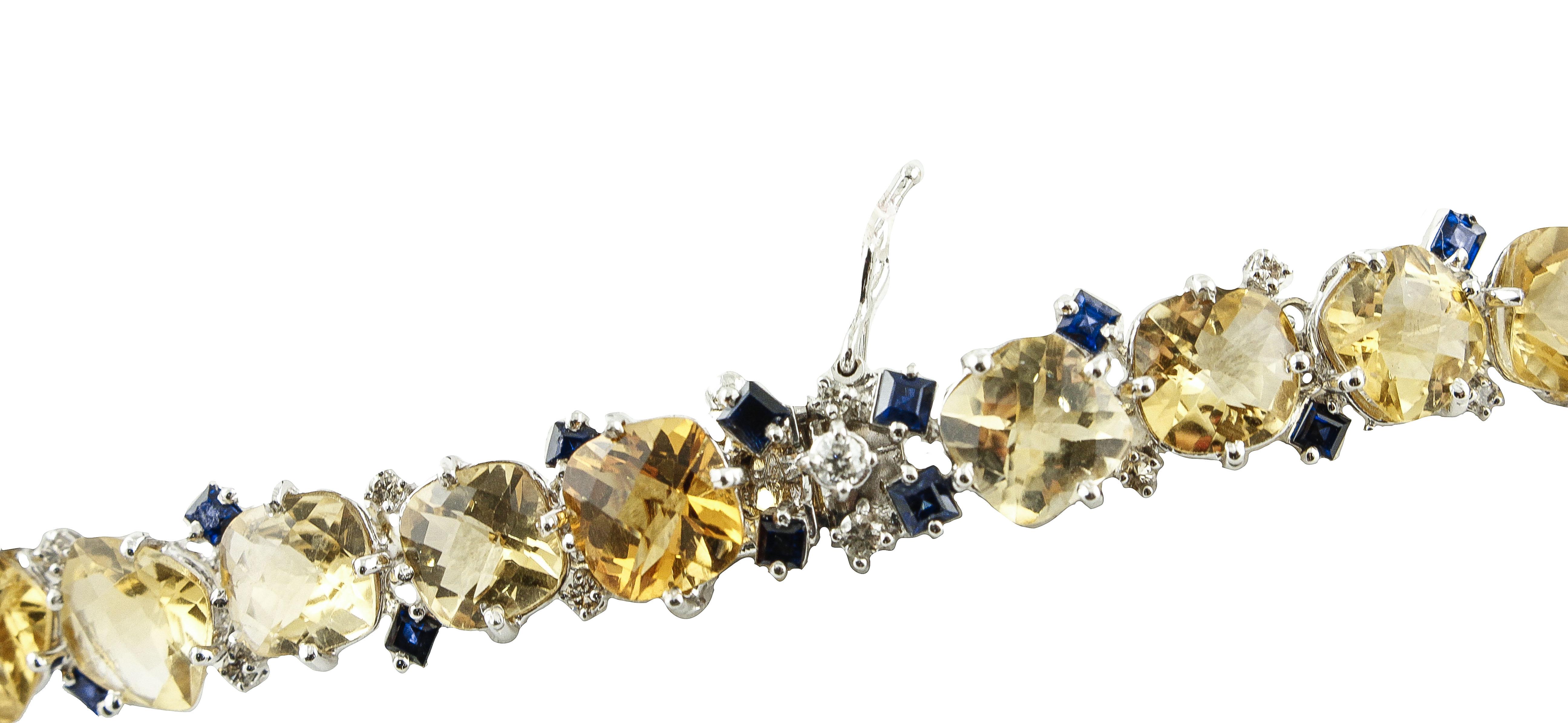 Brilliant Cut Diamonds Blue Sapphires Topazes White Gold Necklace For Sale