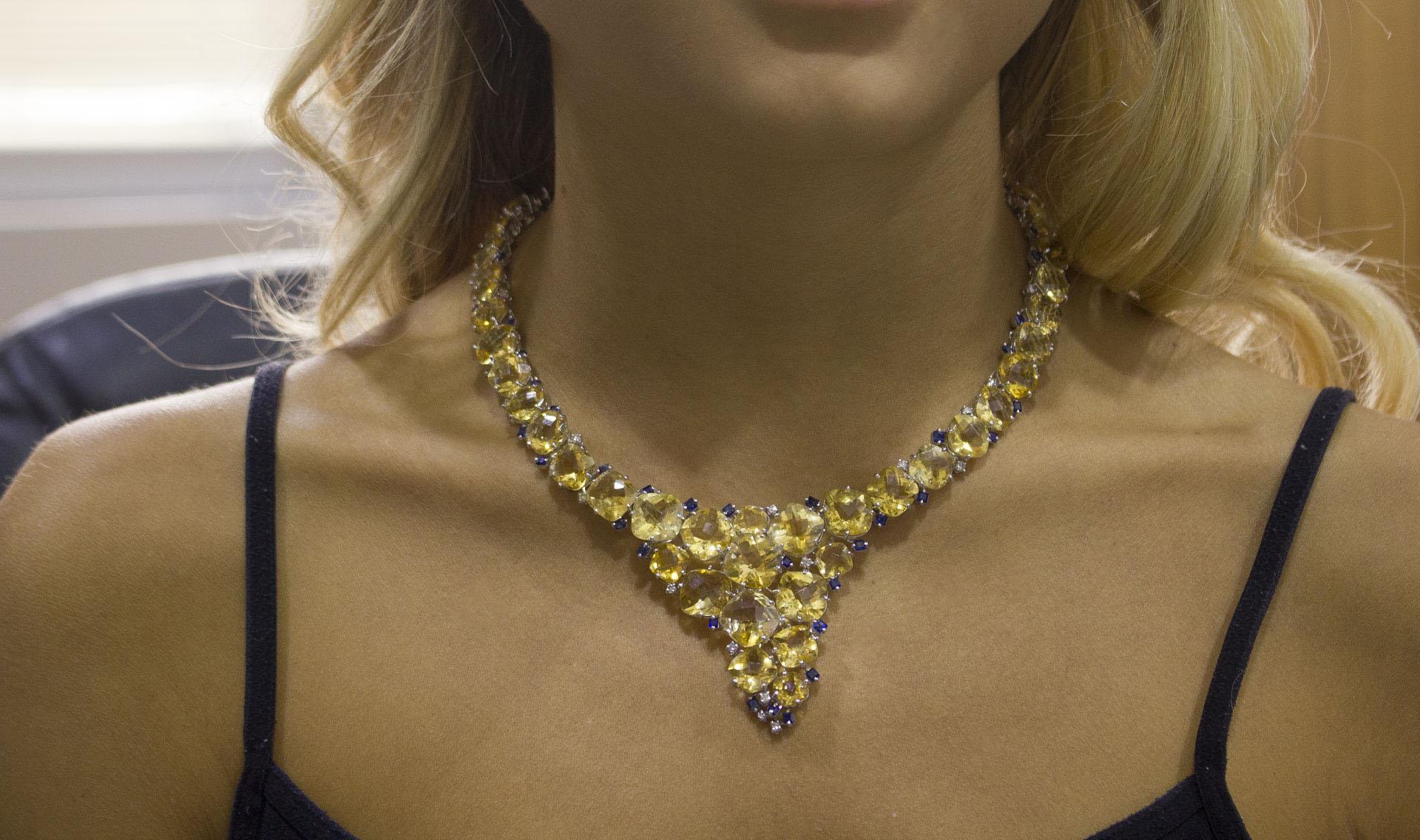 Women's Diamonds Blue Sapphires Topazes White Gold Necklace For Sale