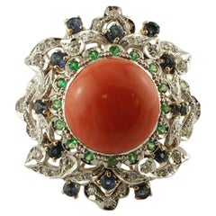 Diamonds, Blue Sapphires, Tsavorite, Coral 14 Karat White and Rose Gold Ring