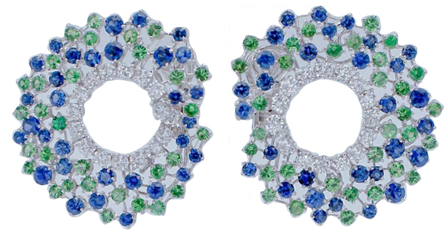 G/H  VVS Diamonds, Blue Sapphires, Tsavorites, 18 Karat White Gold Earrings