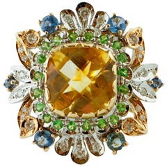 Diamonds, Blue Sapphires, Tsavorites Topaz 14K Rose and White Gold Cocktail Ring