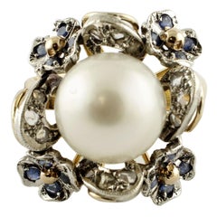 Diamonds, Blue Sapphires, White Australian Pearl Gold and Silver Cluster Ring