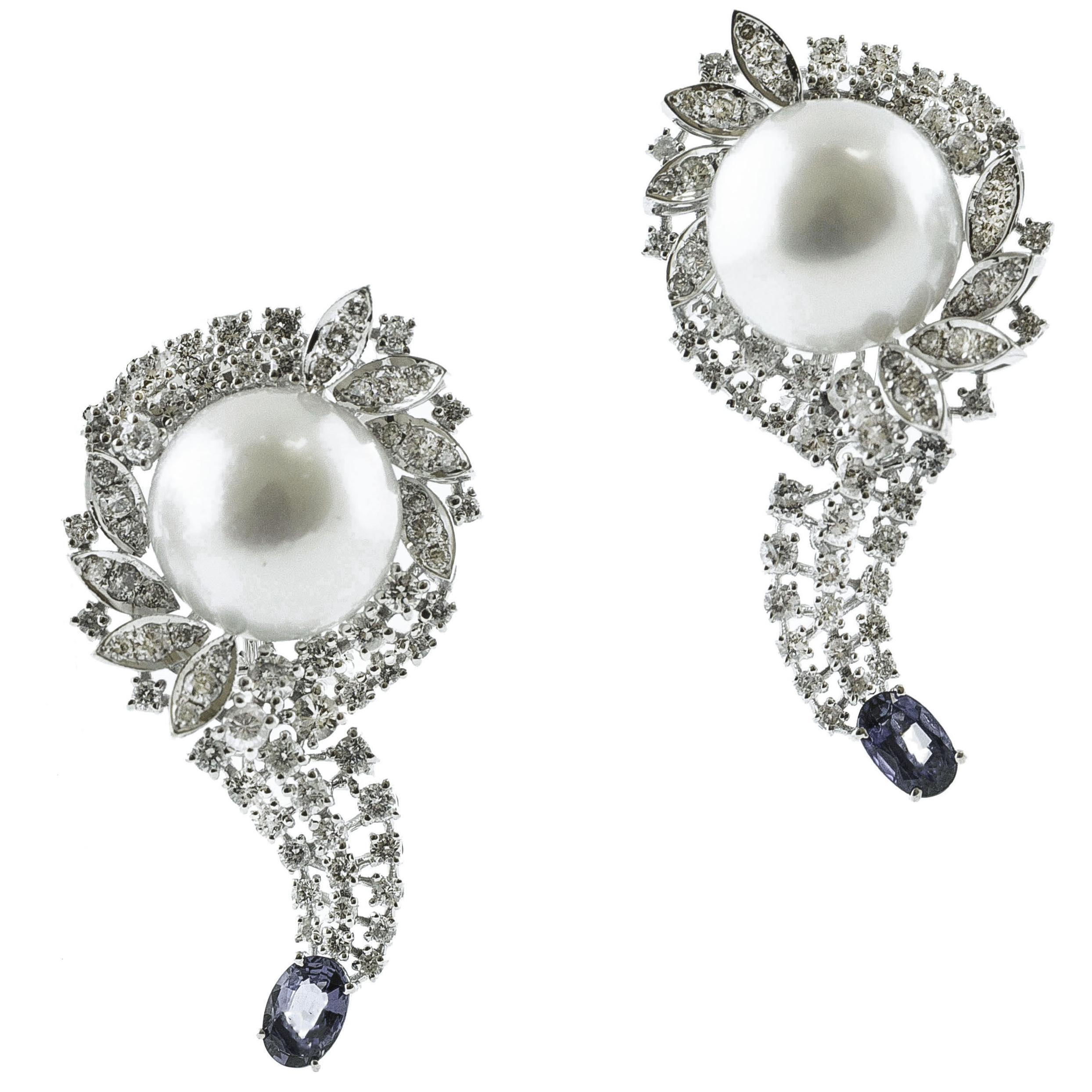 Diamonds, Blue Sapphires, White Pearls, 18 Karat White Gold Earrings