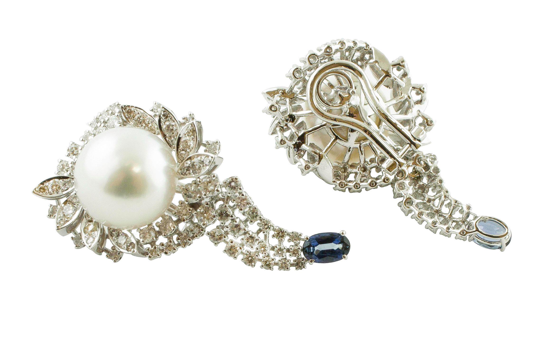 Retro Diamonds, Blue Sapphires, White Pearls, 18 Karat White Gold Earrings