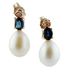 Diamanten, blaue Saphire, weiße Perlen, Roségold Perlen-Tropfen-Ohrringe