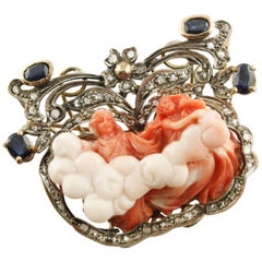 Diamonds, Blue Sapphires, Engraved Pink and Red Stone Rose Gold and Silver Brooch
