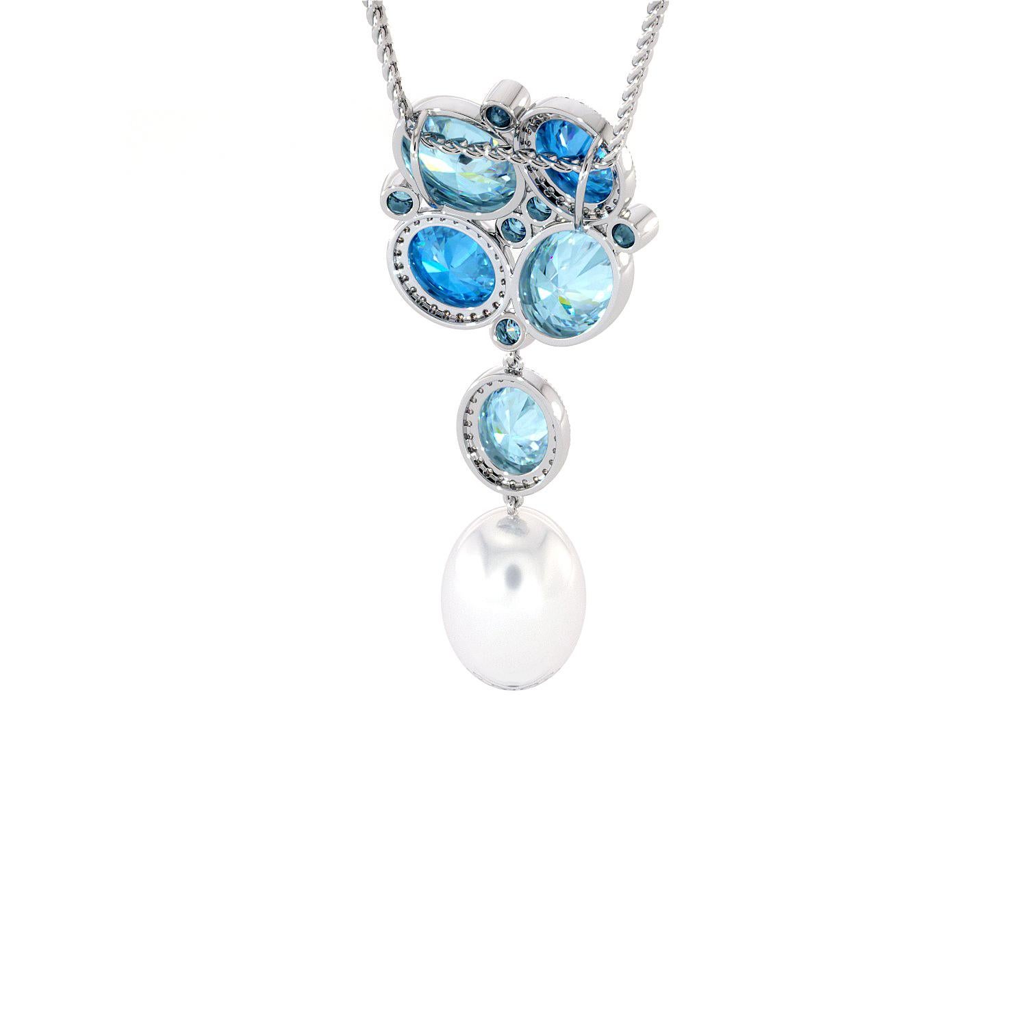 Art Deco Diamonds Blue Topaz Aquamarine South Sea Pearl 14K Pendant For Sale