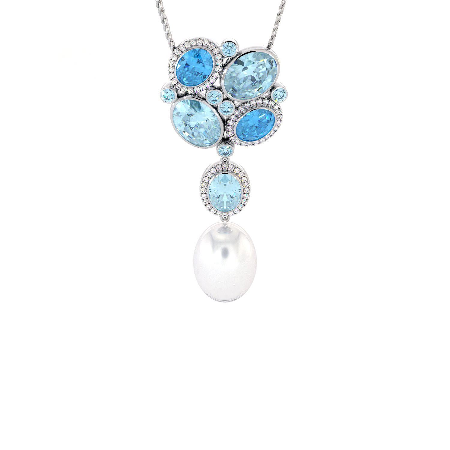 Diamonds Blue Topaz Aquamarine South Sea Pearl 14K Pendant In New Condition For Sale In TORONTO - Vaughan, ON