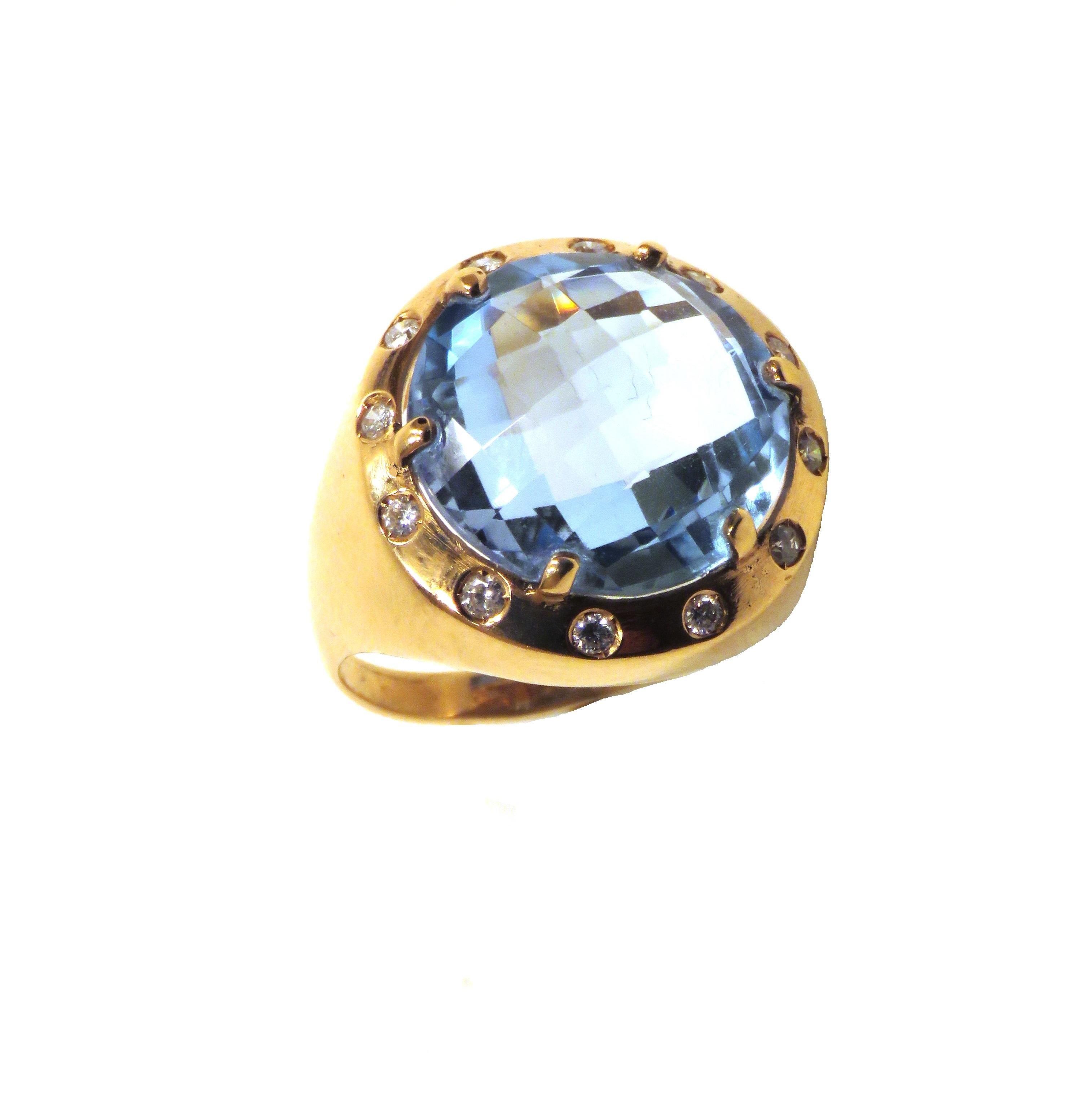 18k rose gold ring with 12 diamonds  0.15 ctw and blue topaz diameter 15 millimiter / 0.590 inches. 
This ring is handcrafted in Italy by Botta Gioielli and it  is stamped with the Italian Gold Mark 750 - 716MI. US size is 6, Italian size is 12,